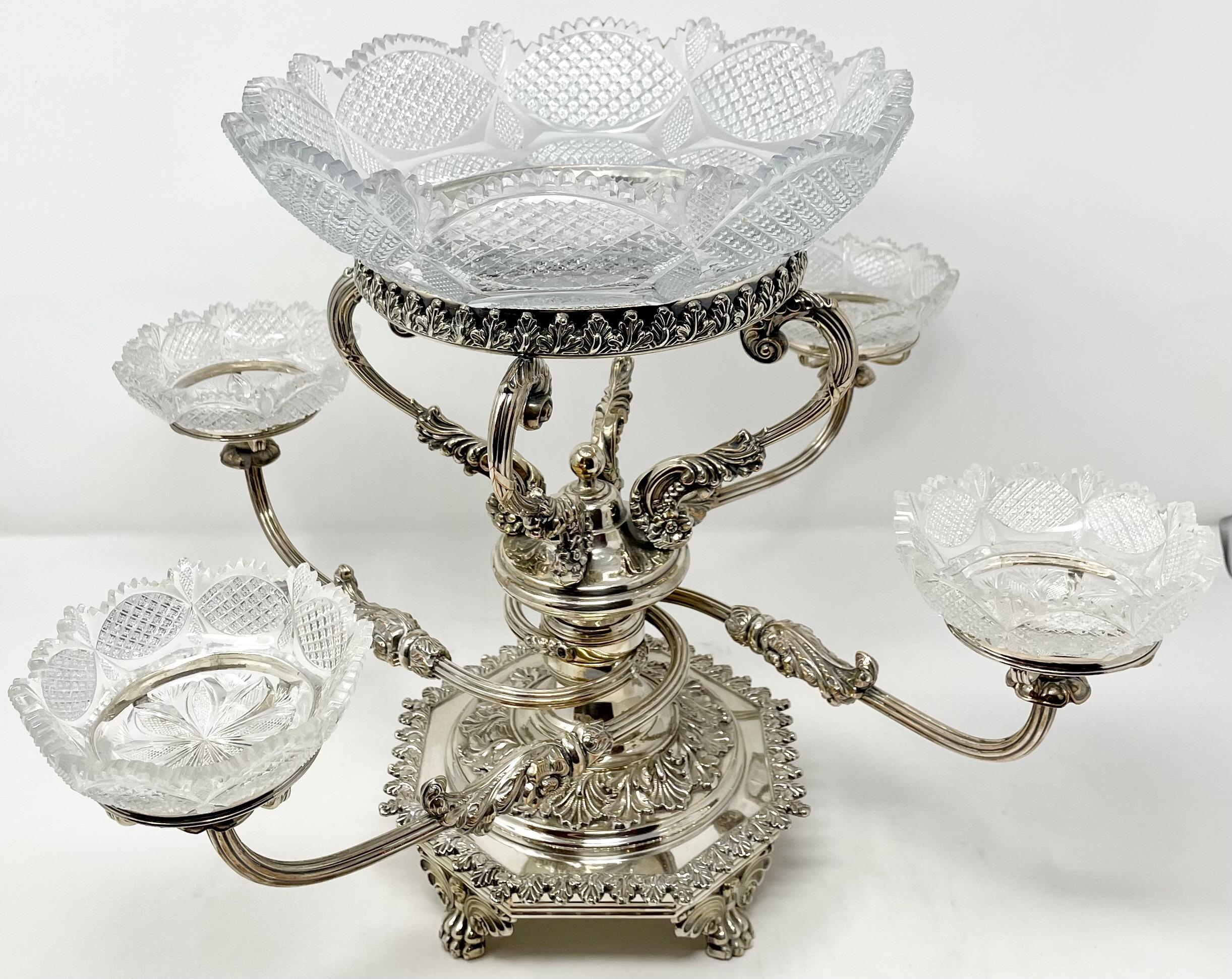 Antique English Georgian Silver and Cut Crystal Epergne, Circa 1840. In Good Condition For Sale In New Orleans, LA