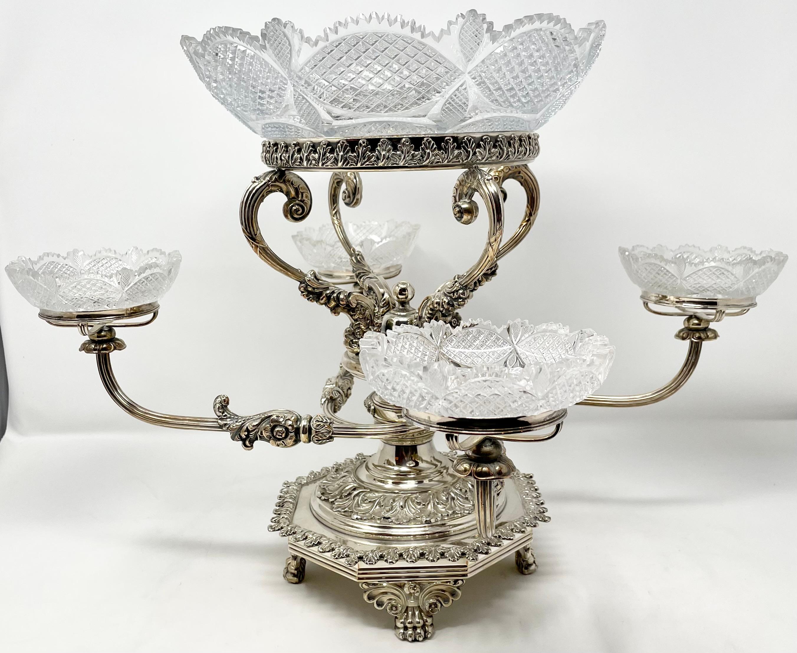 19th Century Antique English Georgian Silver and Cut Crystal Epergne, Circa 1840. For Sale