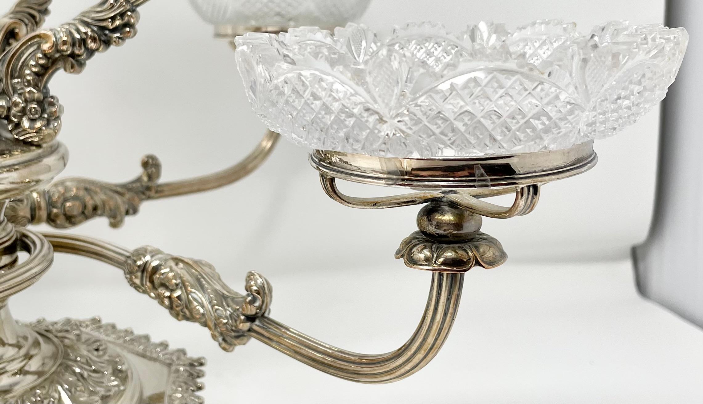 Antique English Georgian Silver and Cut Crystal Epergne, Circa 1840. For Sale 2