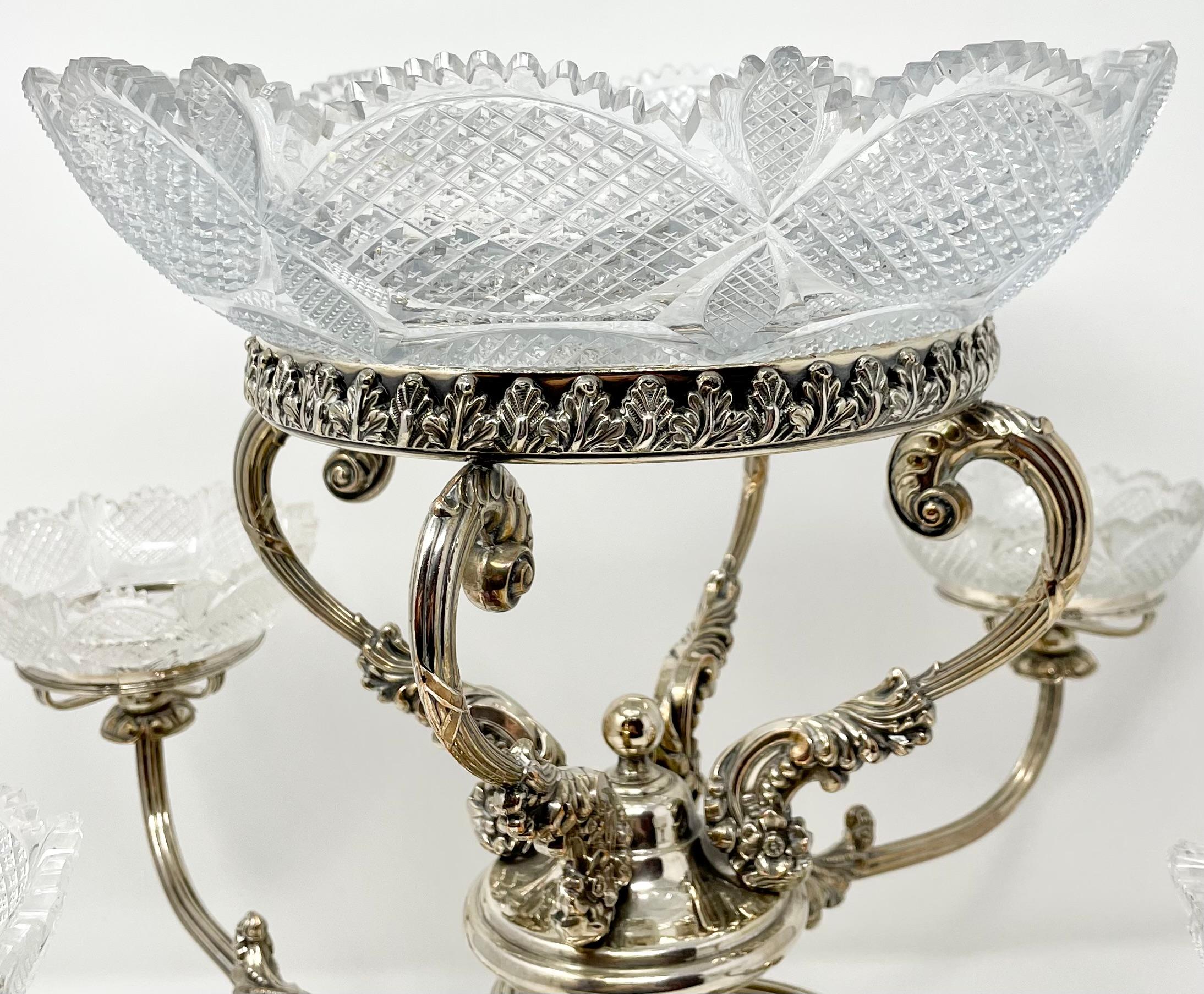 Antique English Georgian Silver and Cut Crystal Epergne, Circa 1840. For Sale 3