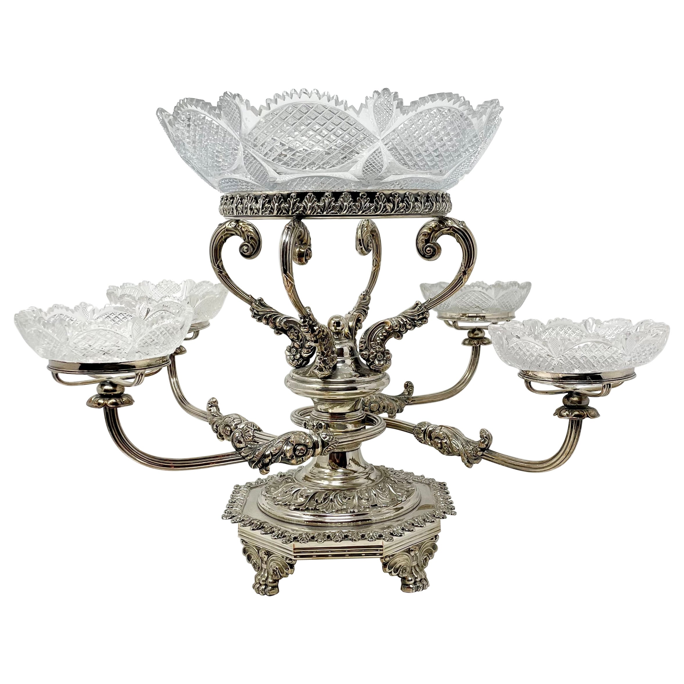 Antike englische georgianische Epergne aus Silber und geschliffenem Kristall, um 1840
