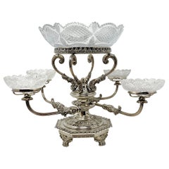 Antique English Georgian Silver and Cut Crystal Epergne, Circa 1840