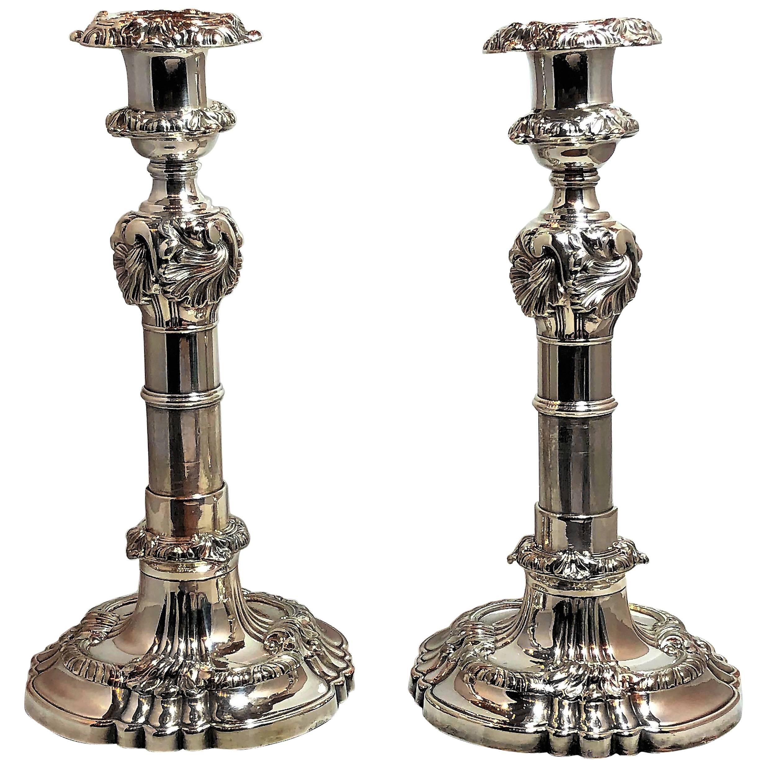 Antique English Georgian Silver-Plated Telescopic Candlesticks, circa 1810, Pair