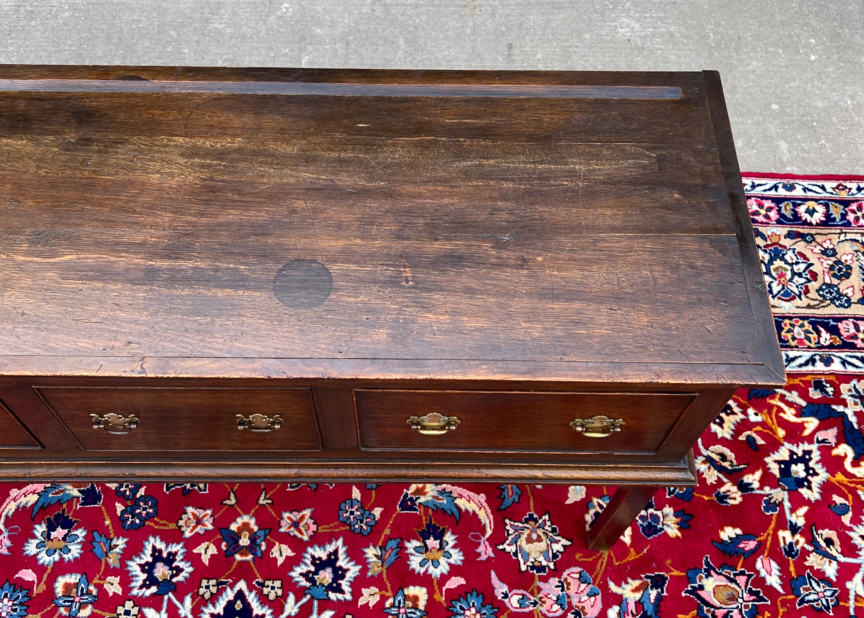 Ancienne table de canapé géorgien anglaise d'entrée table console à 3 tiroirs en chêne 19ème siècle 11