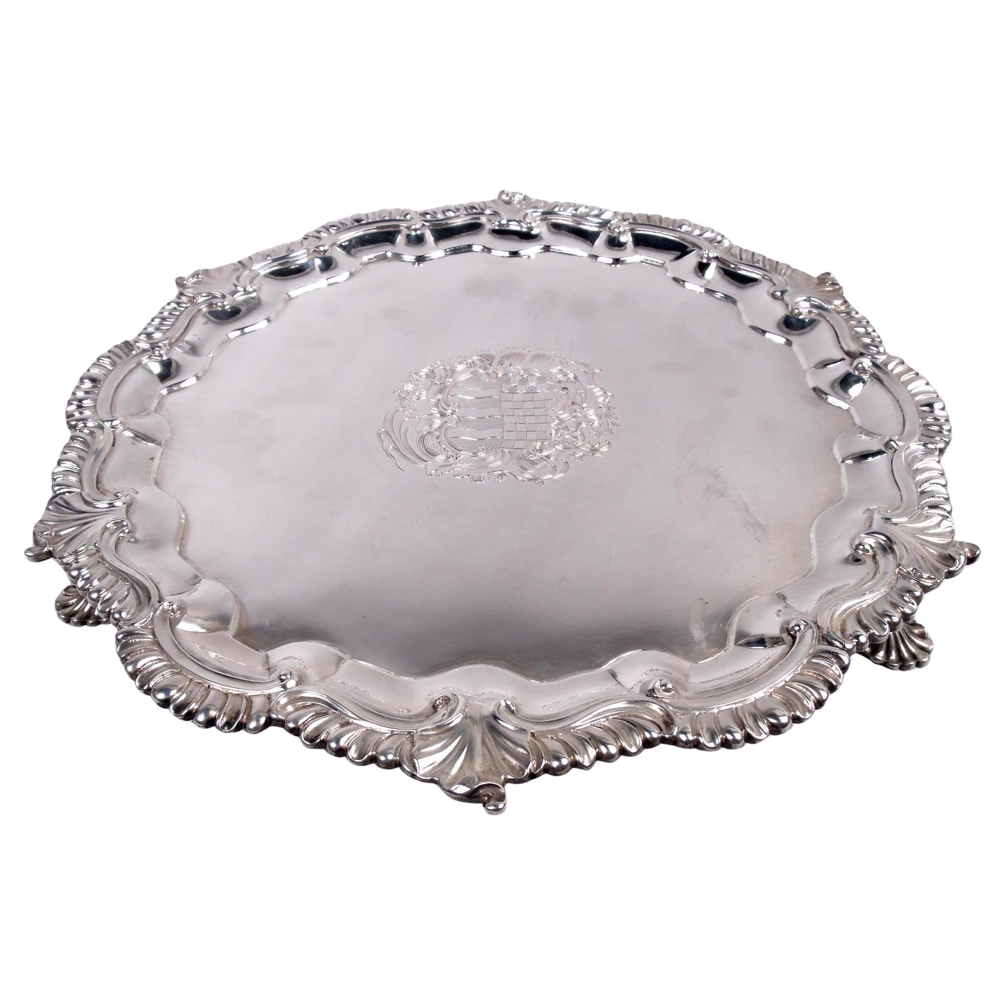 Antique English Georgian Sterling Silver Armorial Salver, 1742