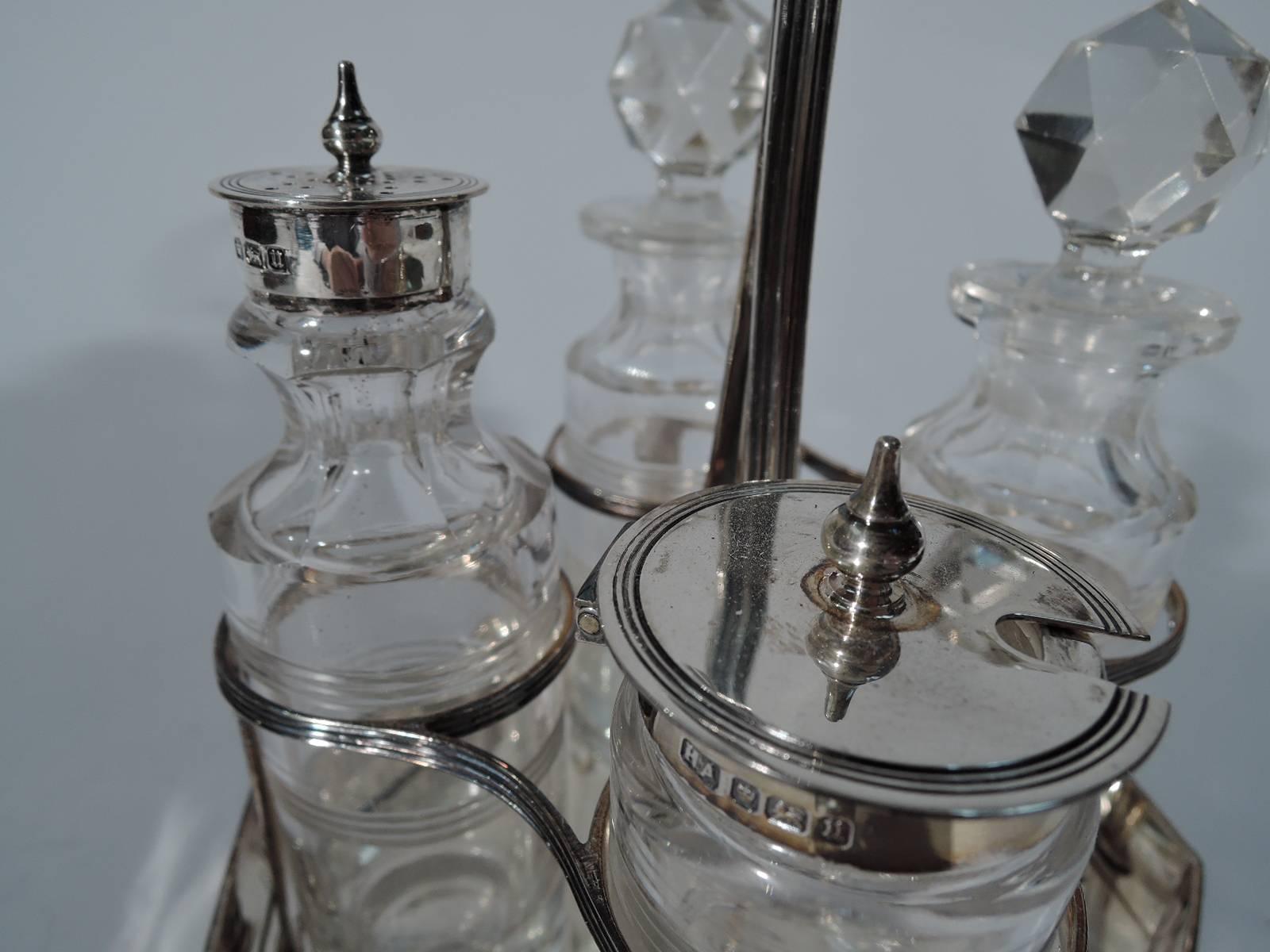 Late 18th Century Antique English Georgian Sterling Silver Condiment Stand with Bottles