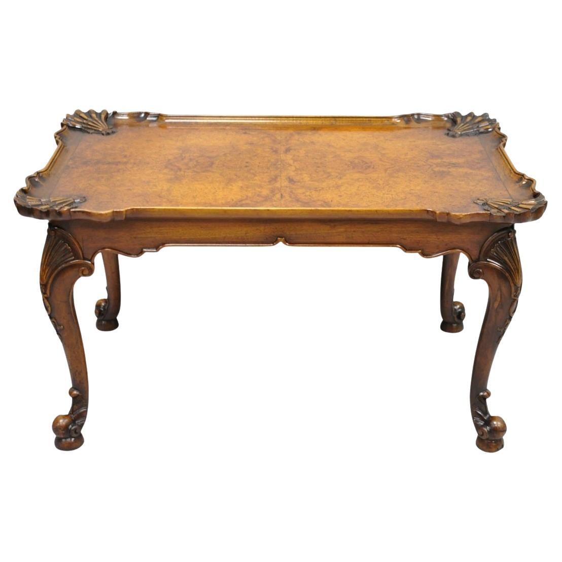 Antique English Georgian Style Burl Walnut Shell Carved Scalloped Coffee Table