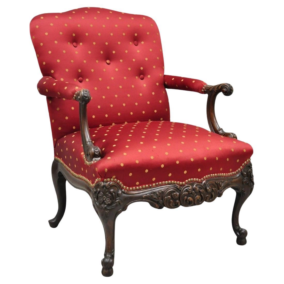 Antique English Georgian Style Carved Mahogany Red Library Lounge Arm Chair