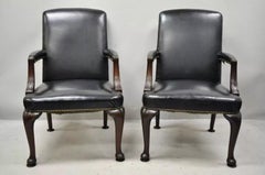 Antique English Georgian Style Dark Green Leather Library Office Chairs - a Pair