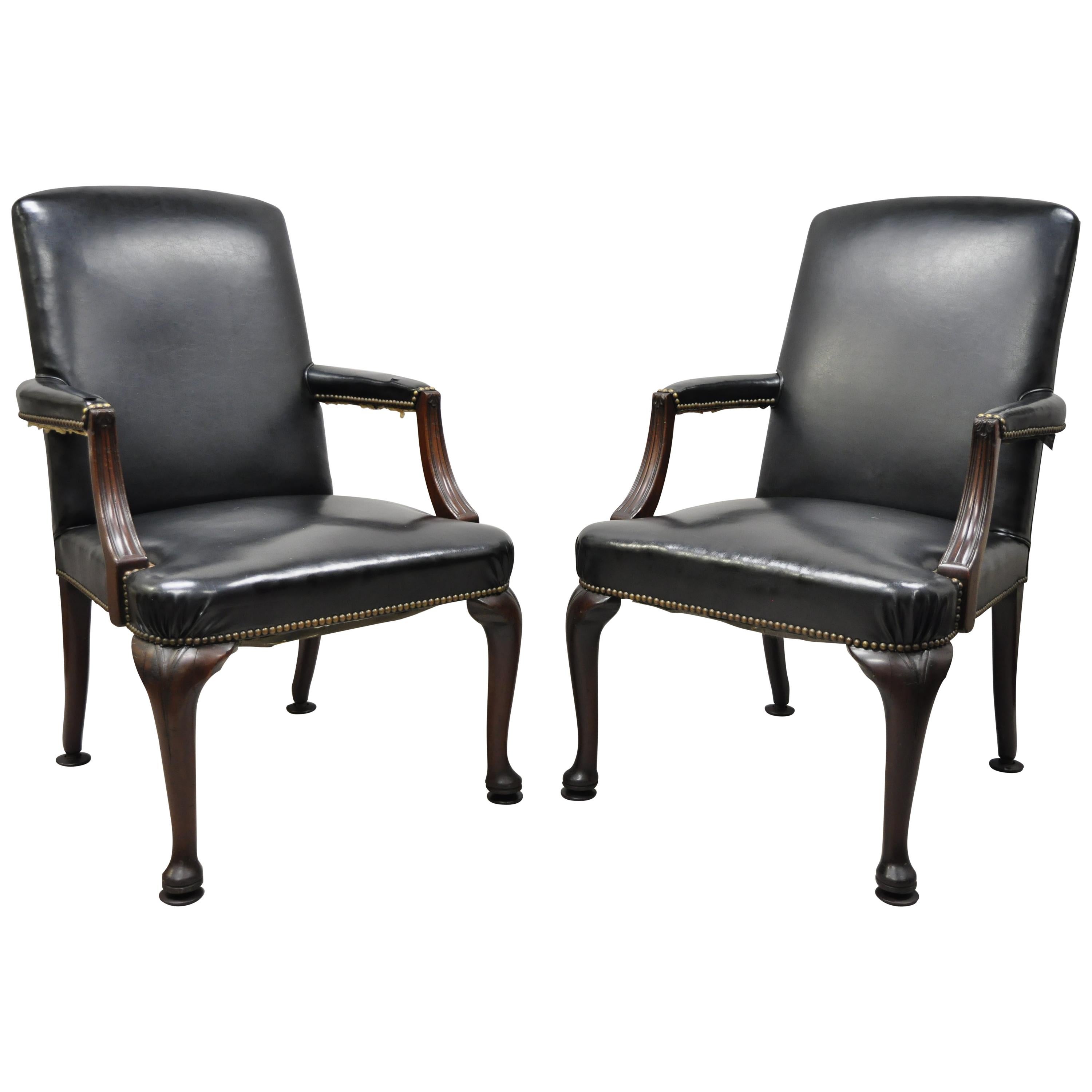 Antique English Georgian Style Dark Green Leather Library Office Chairs, a Pair