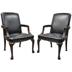 Antique English Georgian Style Dark Green Leather Library Office Chairs, a Pair