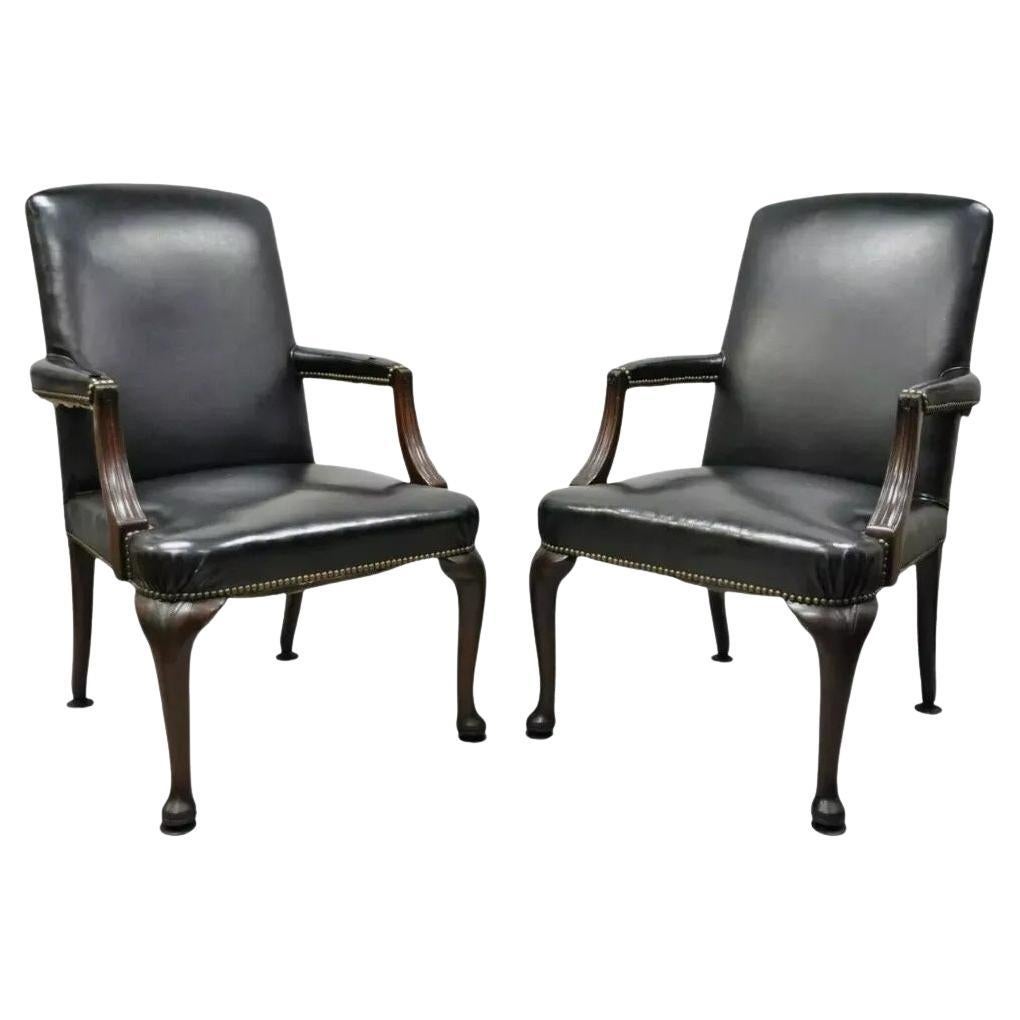 Antique English Georgian Style Dark Green Leather Library Office Chairs - a Pair