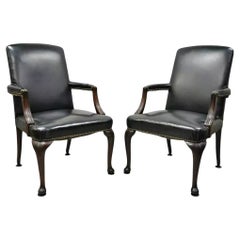 Antique English Georgian Style Dark Green Leather Library Office Chairs - a Pair