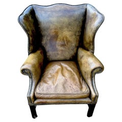 Antique English Georgian Style Distressed Tan Leather Wingback Library Armchair