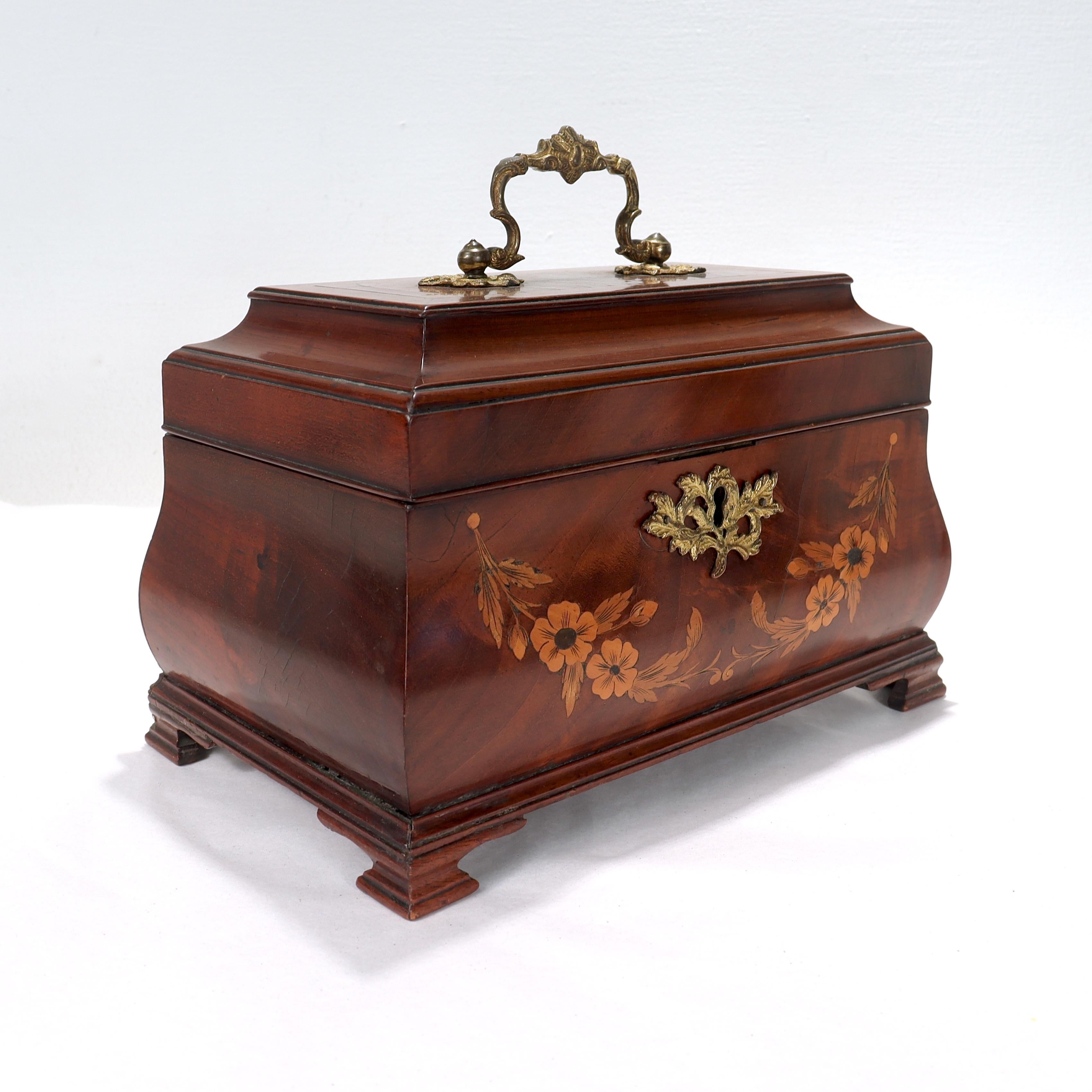 Antique English Georgian Style Inlaid Mahogany Bombe Shaped Tea Caddy In Good Condition For Sale In Philadelphia, PA