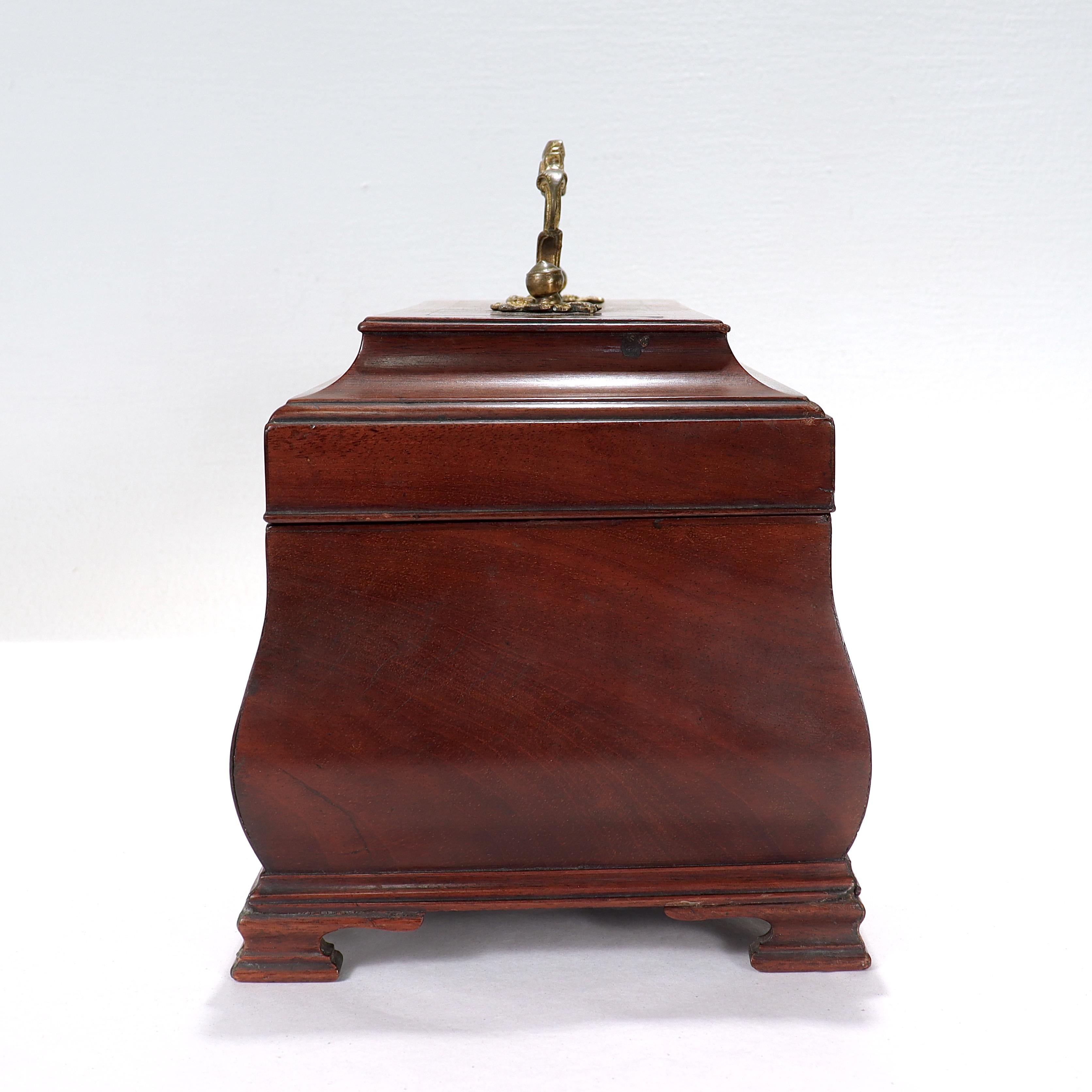 Brass Antique English Georgian Style Inlaid Mahogany Bombe Shaped Tea Caddy For Sale