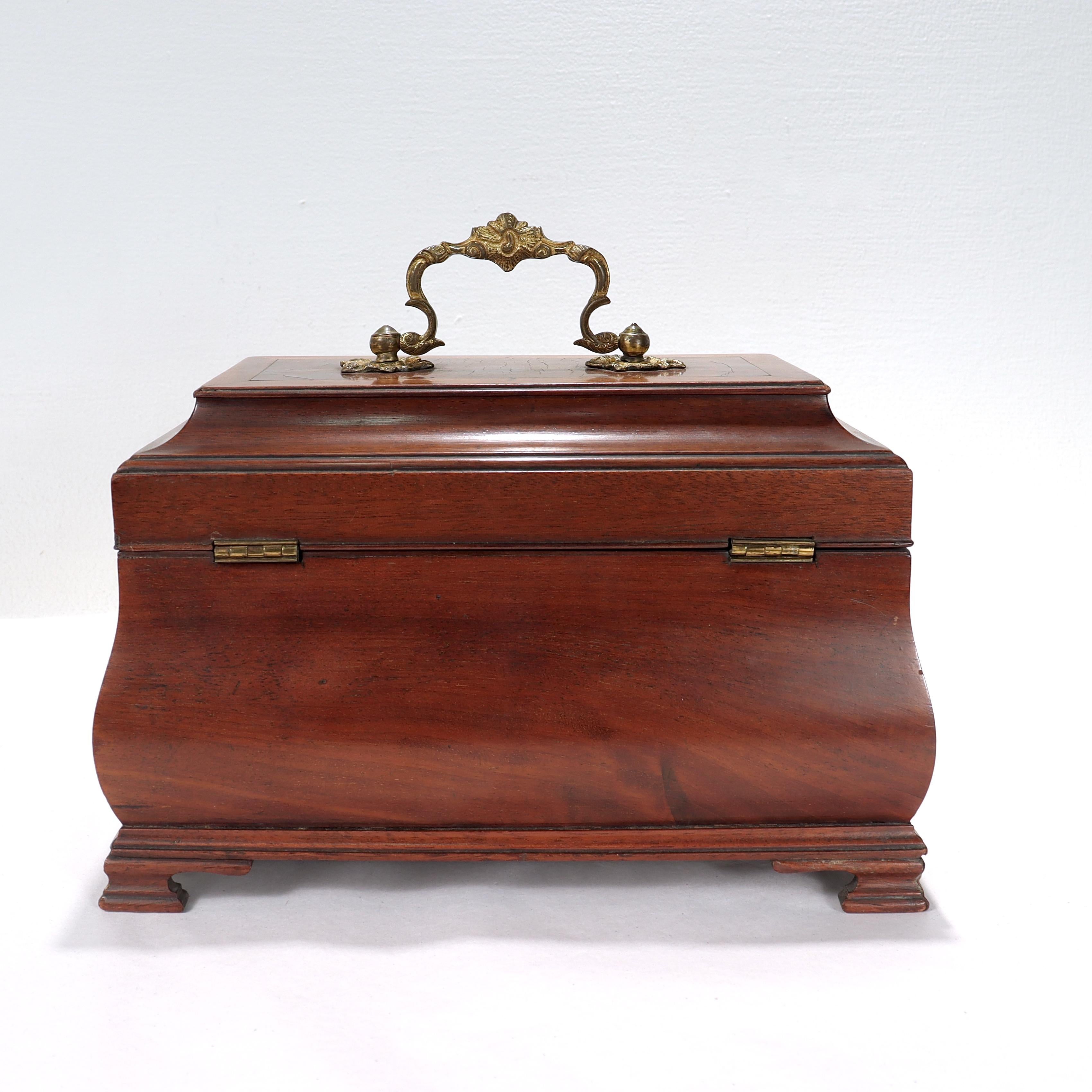 Antique English Georgian Style Inlaid Mahogany Bombe Shaped Tea Caddy For Sale 2