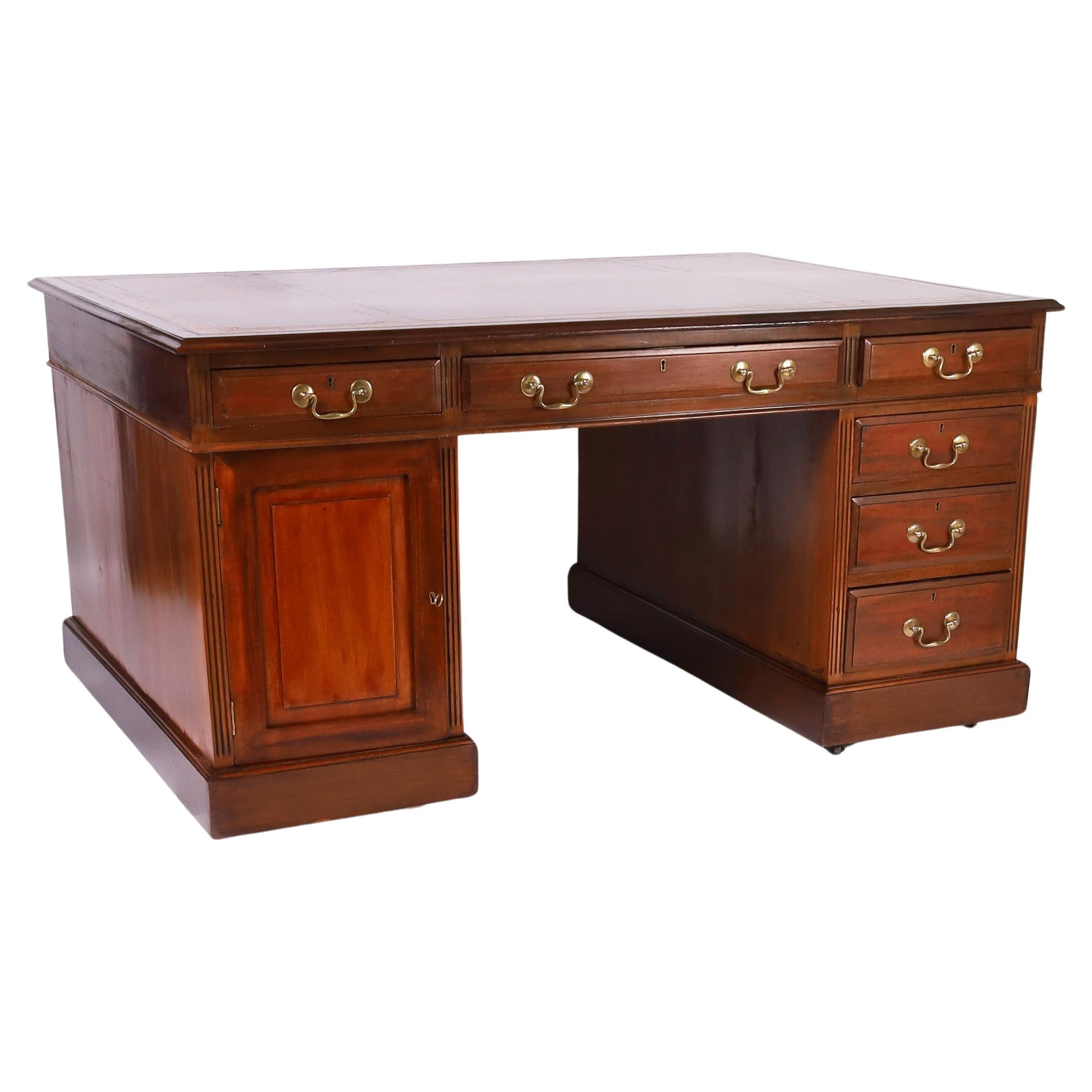 Antique English Georgian Style Leather Top Partners Desk