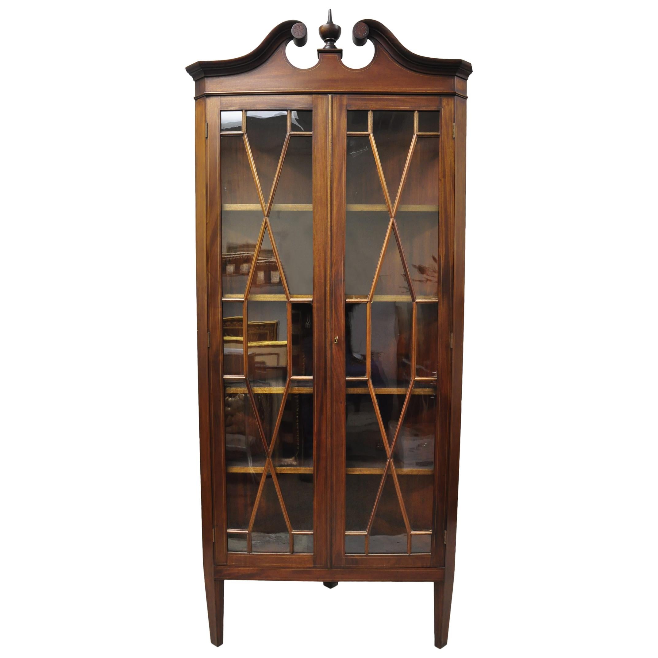 Antique English Georgian Style Mahogany Corner China Cabinet Display Case Curio For Sale