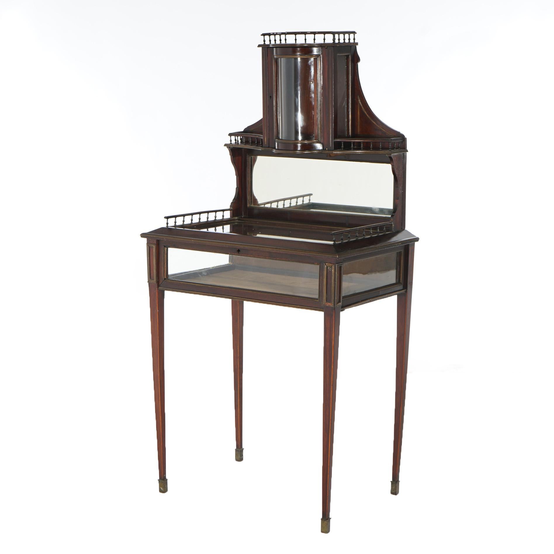 Glass Antique English Georgian Style Mahogany Inlaid & Bronze Display Vitrine c1890 For Sale