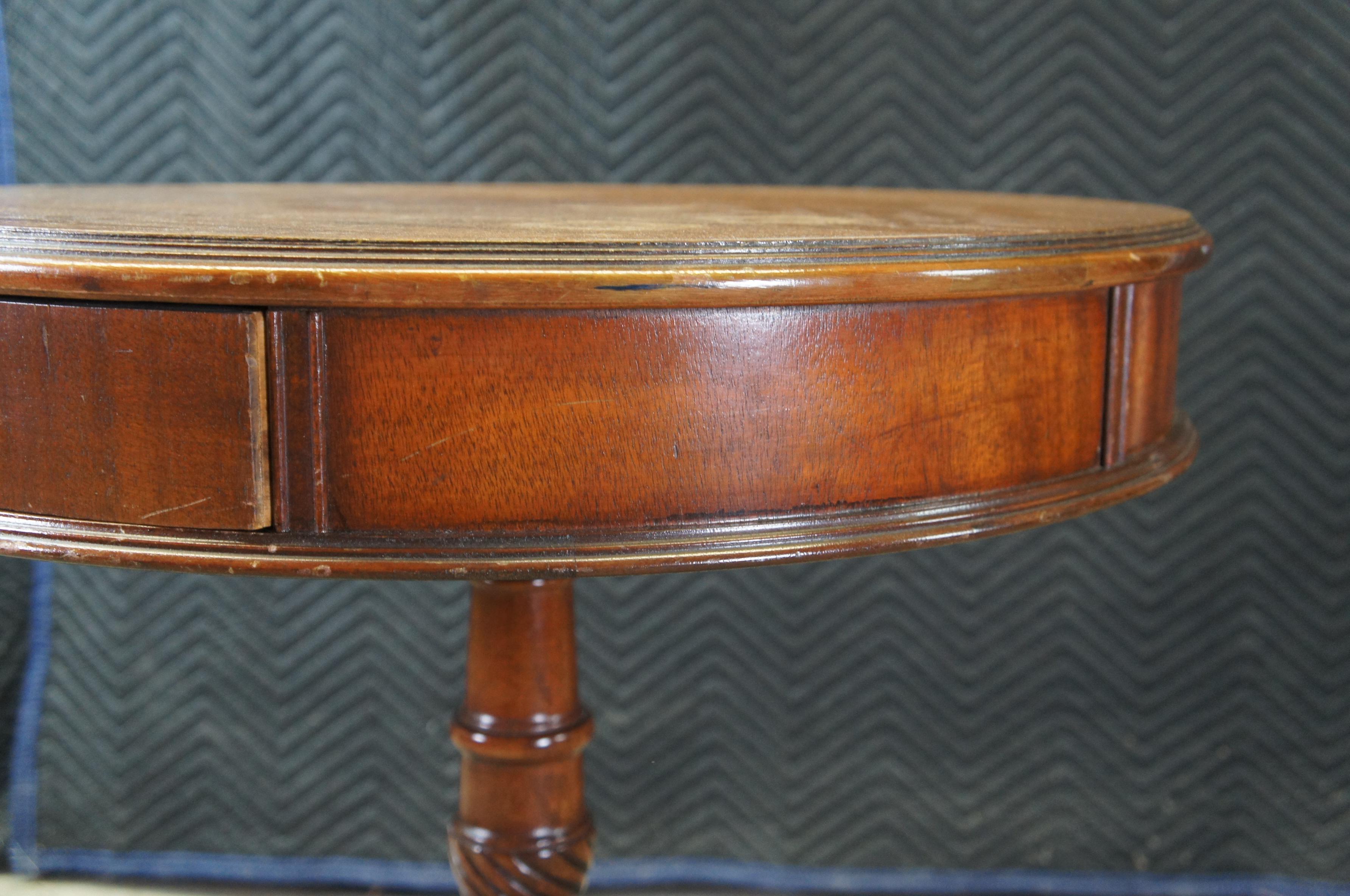 Antique English Georgian Style Mahogany Round Pedestal Drum Side Table Drawer For Sale 5