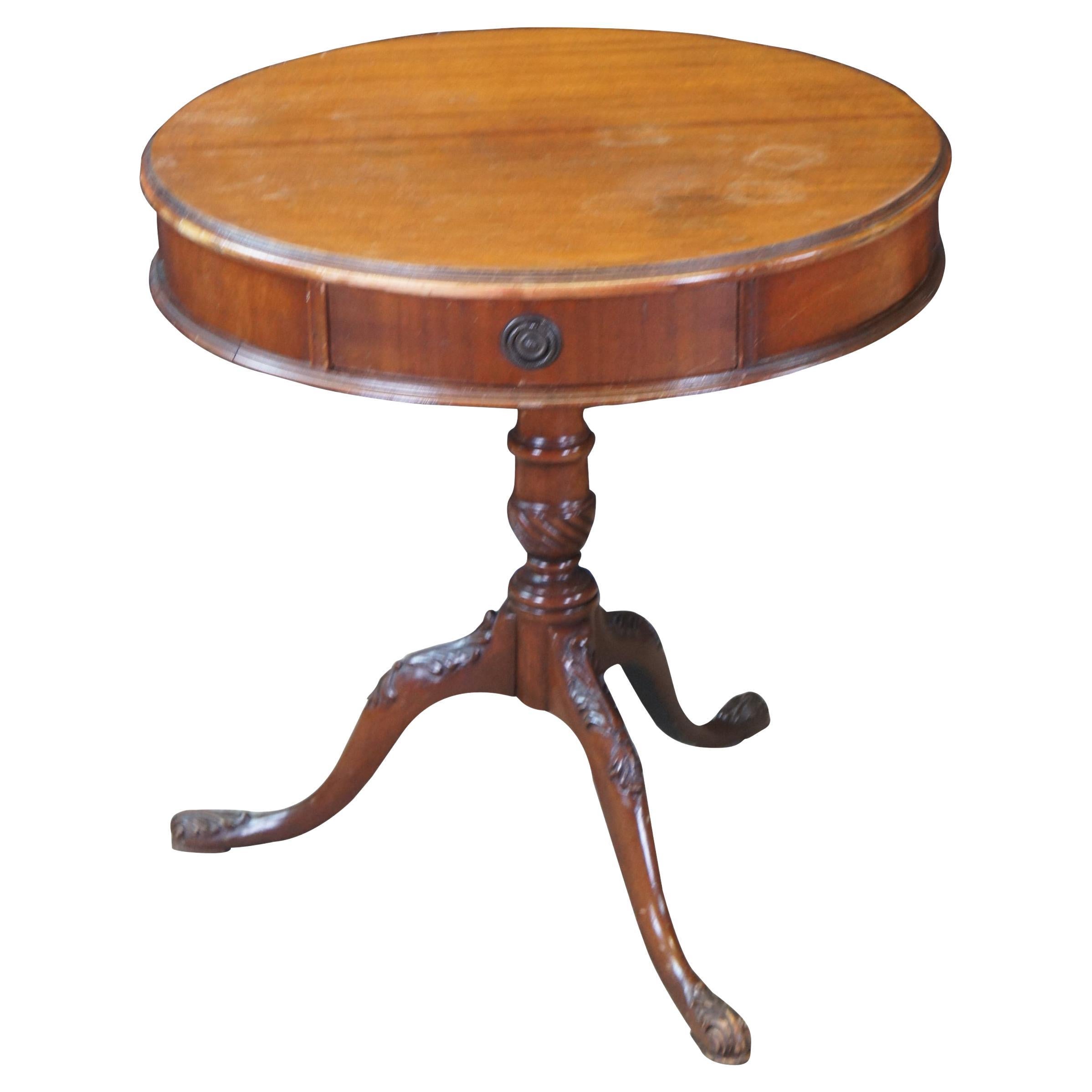 Antique English Georgian Style Mahogany Round Pedestal Drum Side Table Drawer For Sale