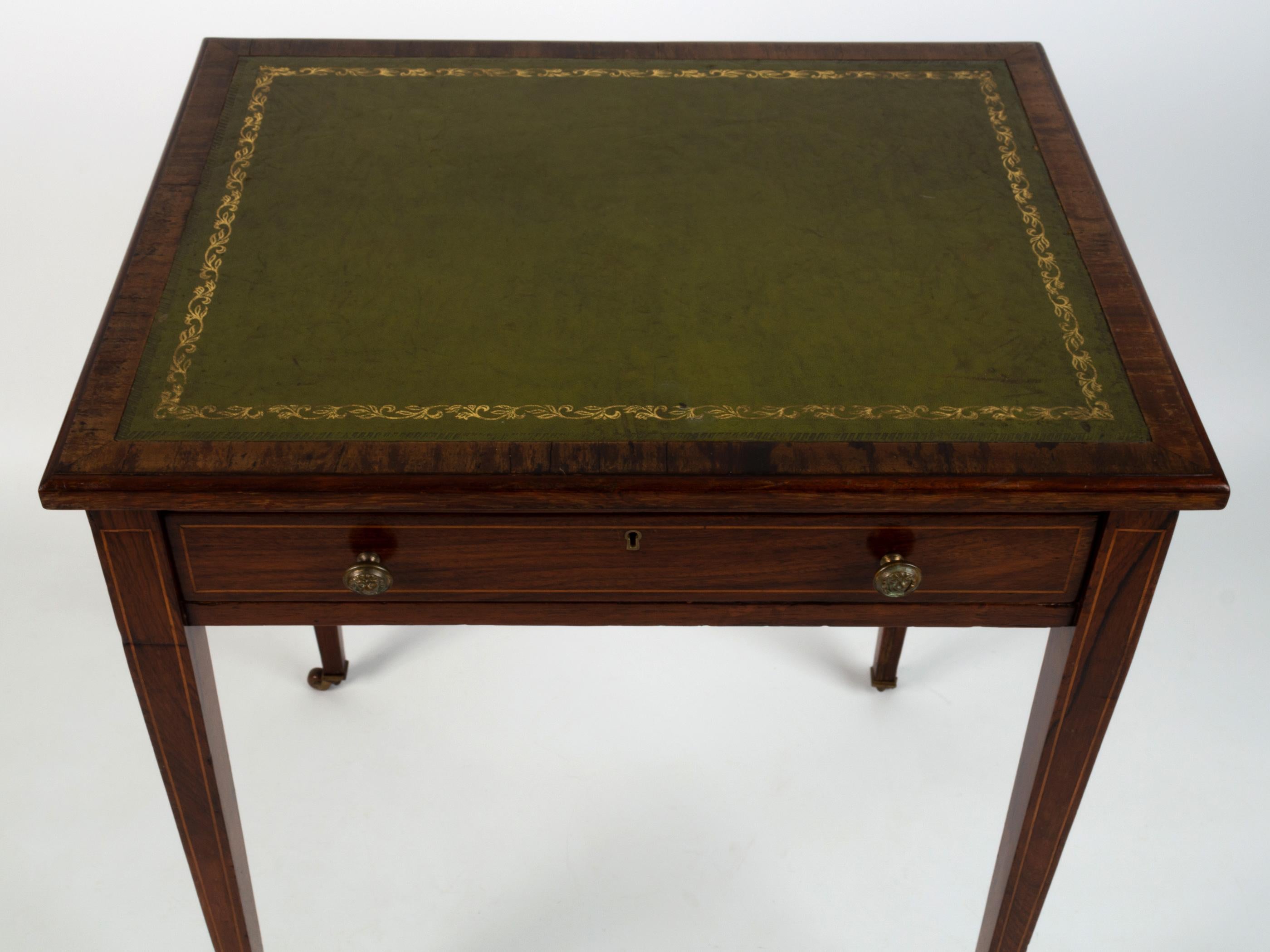 Early 20th Century Antique English Georgian Style Rosewood Leather Inlaid Writing Table Desk C.1900