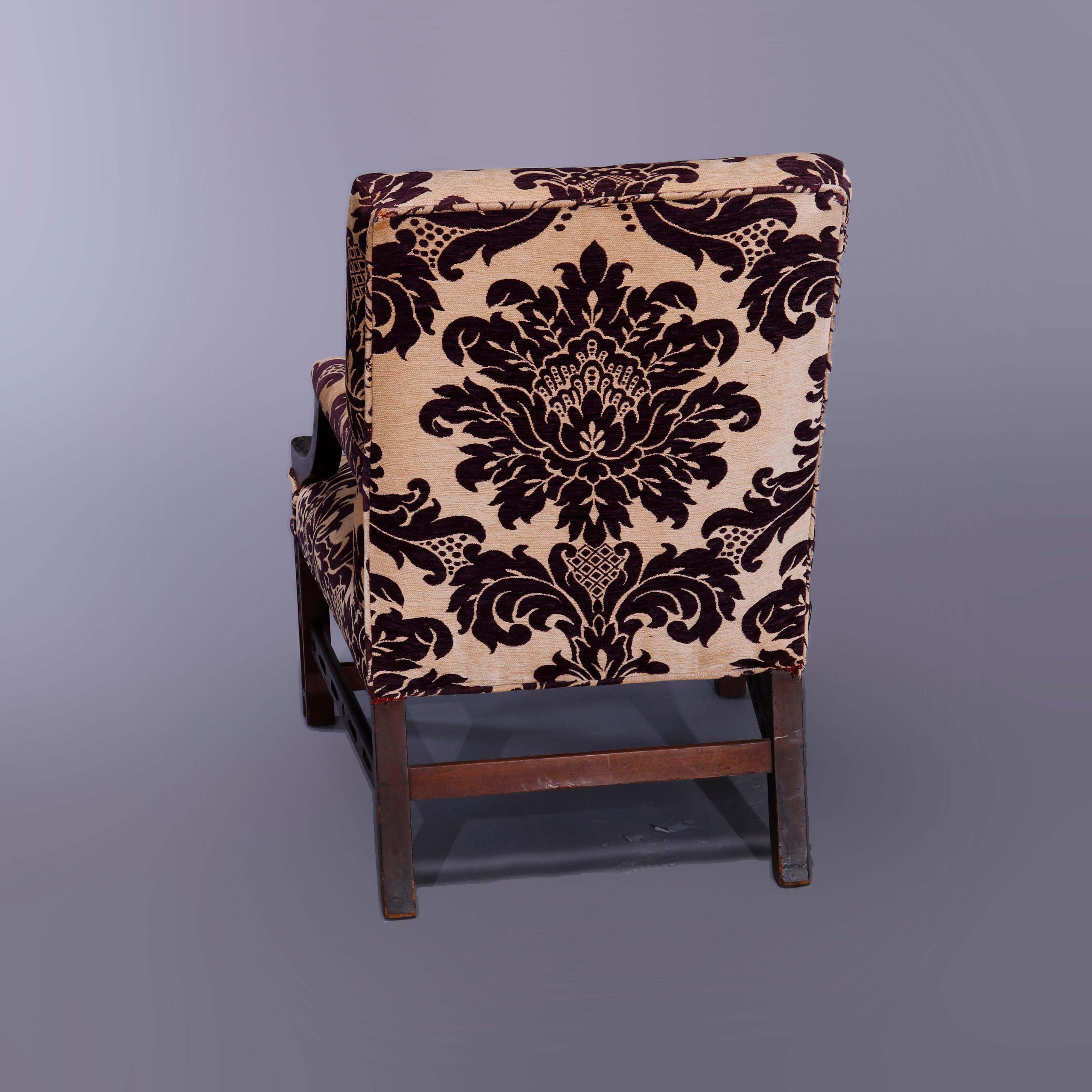Carved Antique English Georgian Style Upholstered Mahogany Lolling Chair, circa 1920
