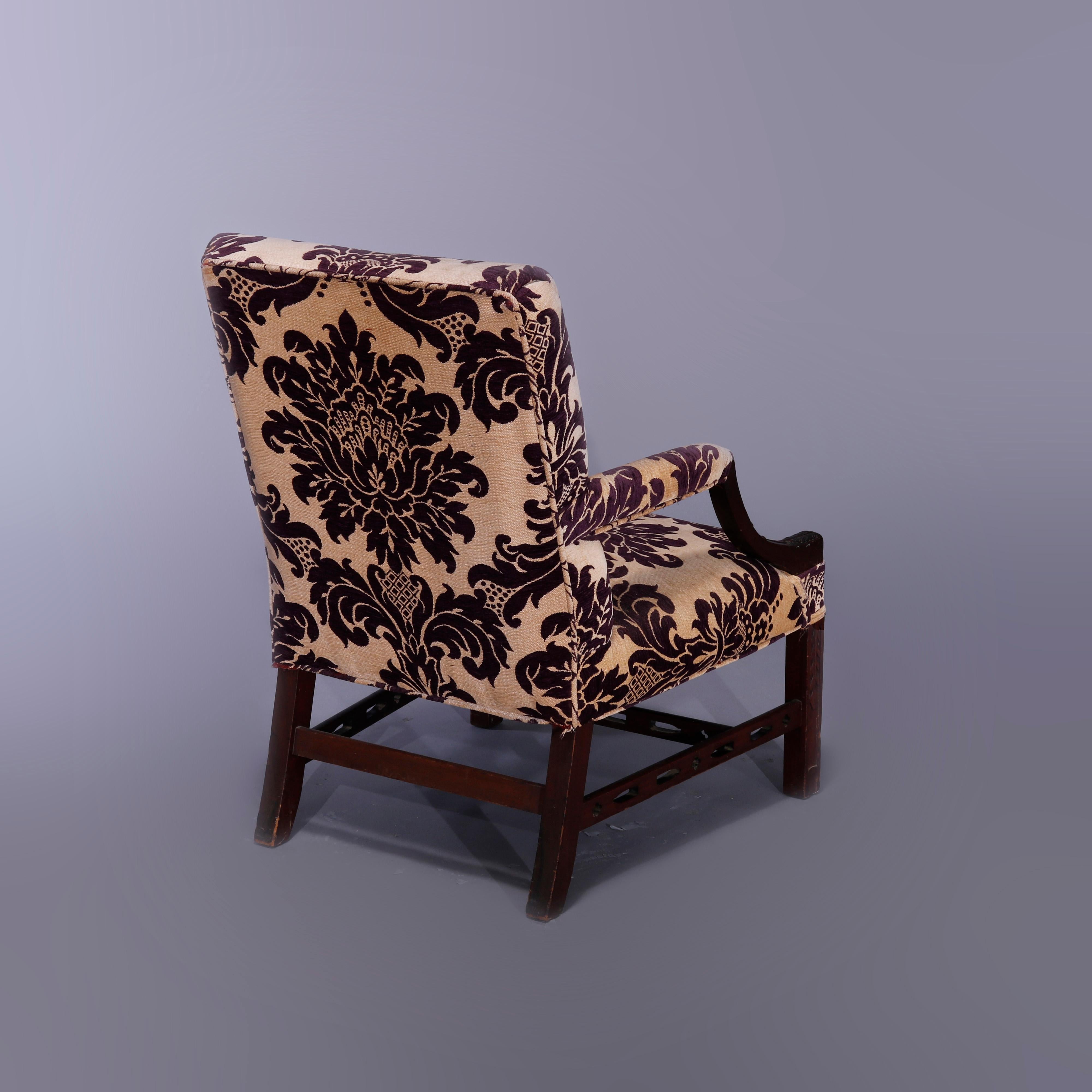 Antique English Georgian Style Upholstered Mahogany Lolling Chair, circa 1920 In Good Condition In Big Flats, NY