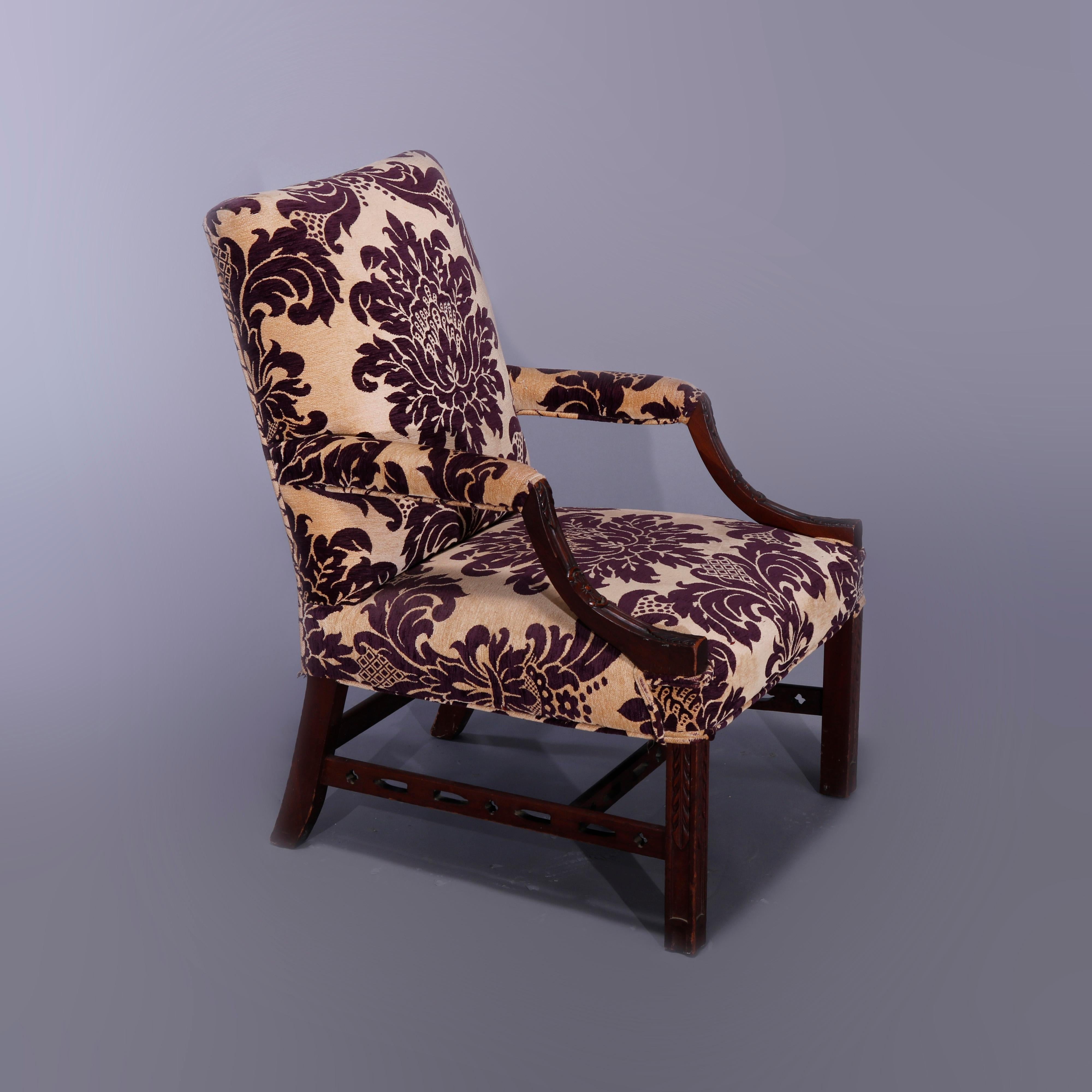 20th Century Antique English Georgian Style Upholstered Mahogany Lolling Chair, circa 1920