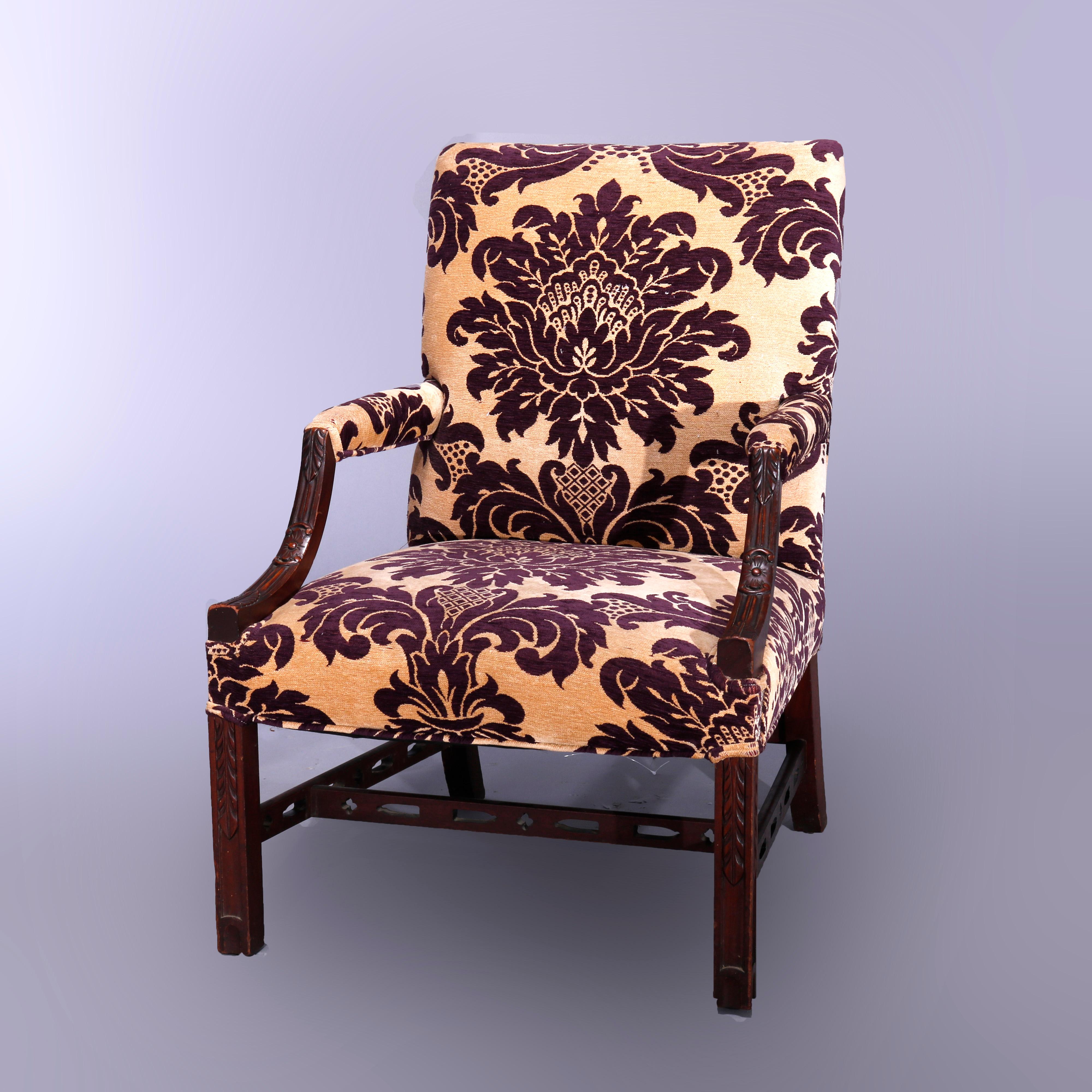 Wood Antique English Georgian Style Upholstered Mahogany Lolling Chair, circa 1920