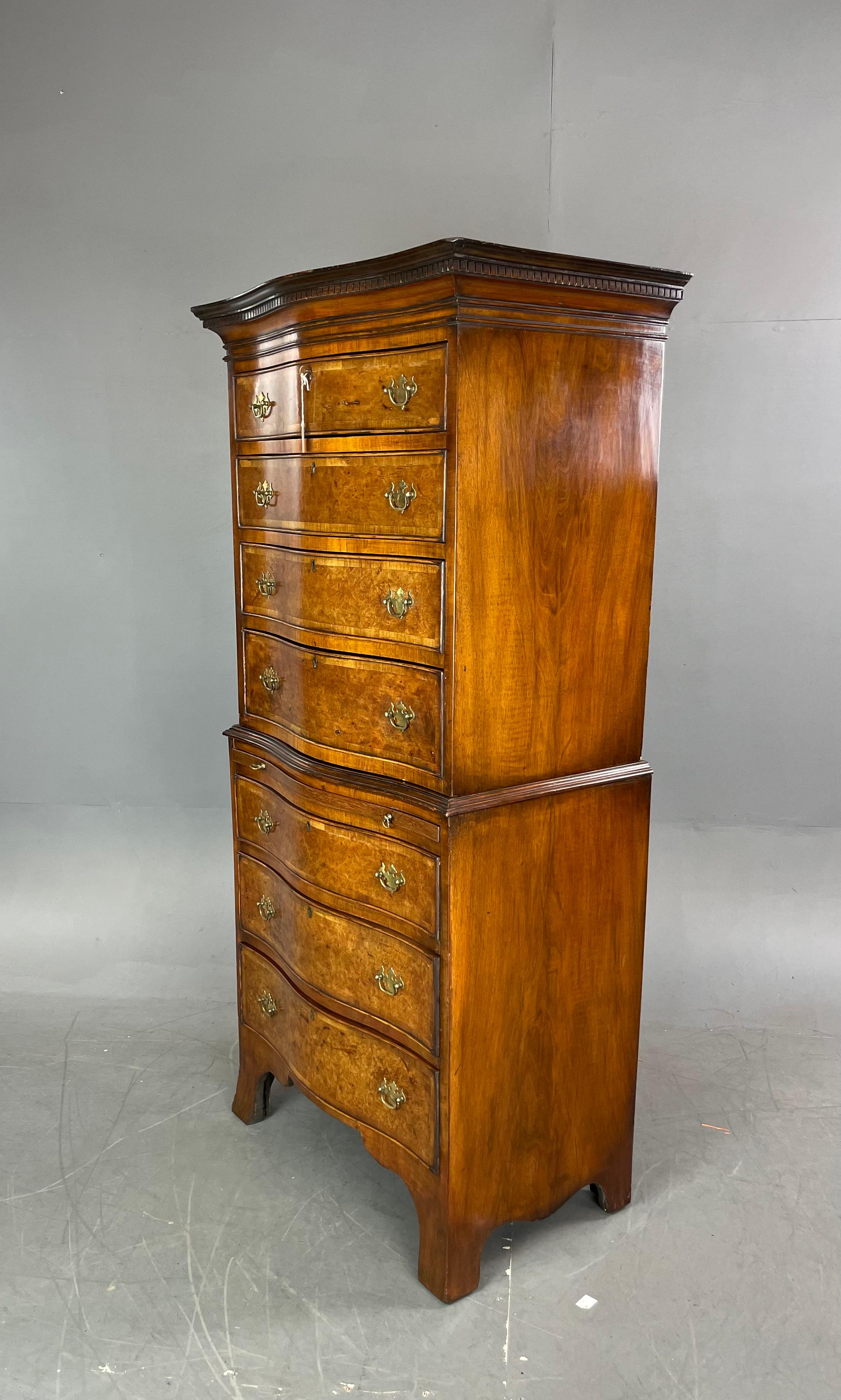 Good quality walnut serpentine chest on chest with brushing slide circa 1910.
Stunning burr walnut chest of drawers with a wonderful colour and grain.
The chest has seven full width hand dovetailed drawers that are mahogany lined. They all slide