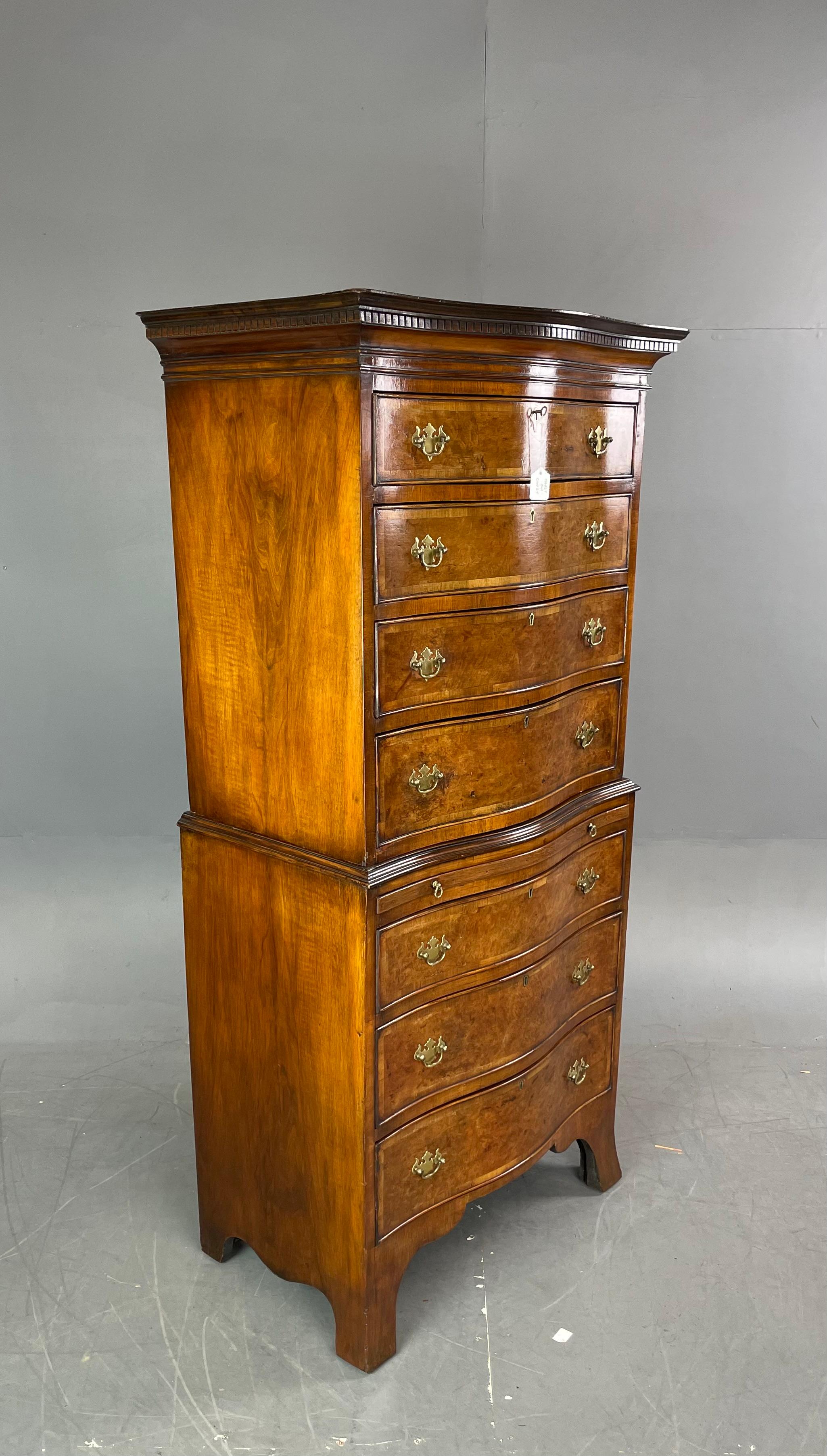 George III Antique English Georgian Style Walnut Tall Boy Chest on Chest