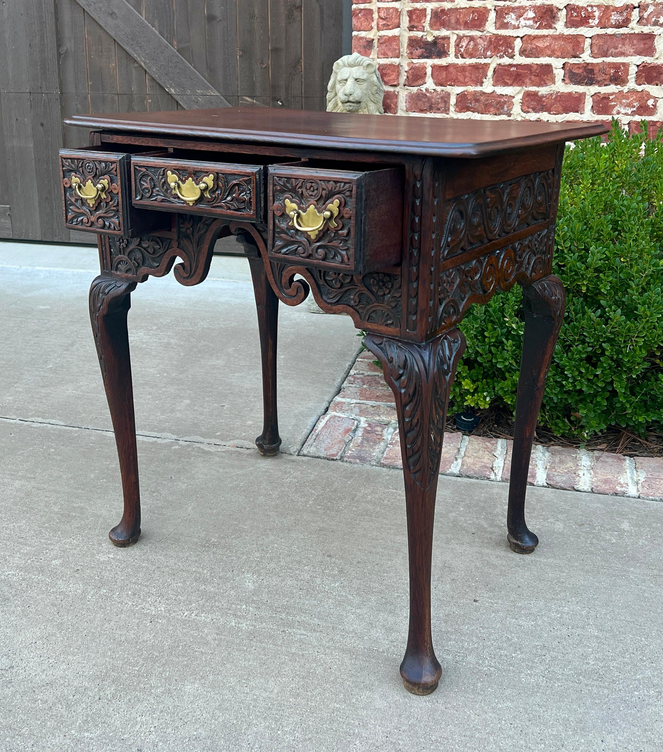 Antique English Georgian Table Desk Nightstand PETITE Lowboy Highly Carved Oak For Sale 6
