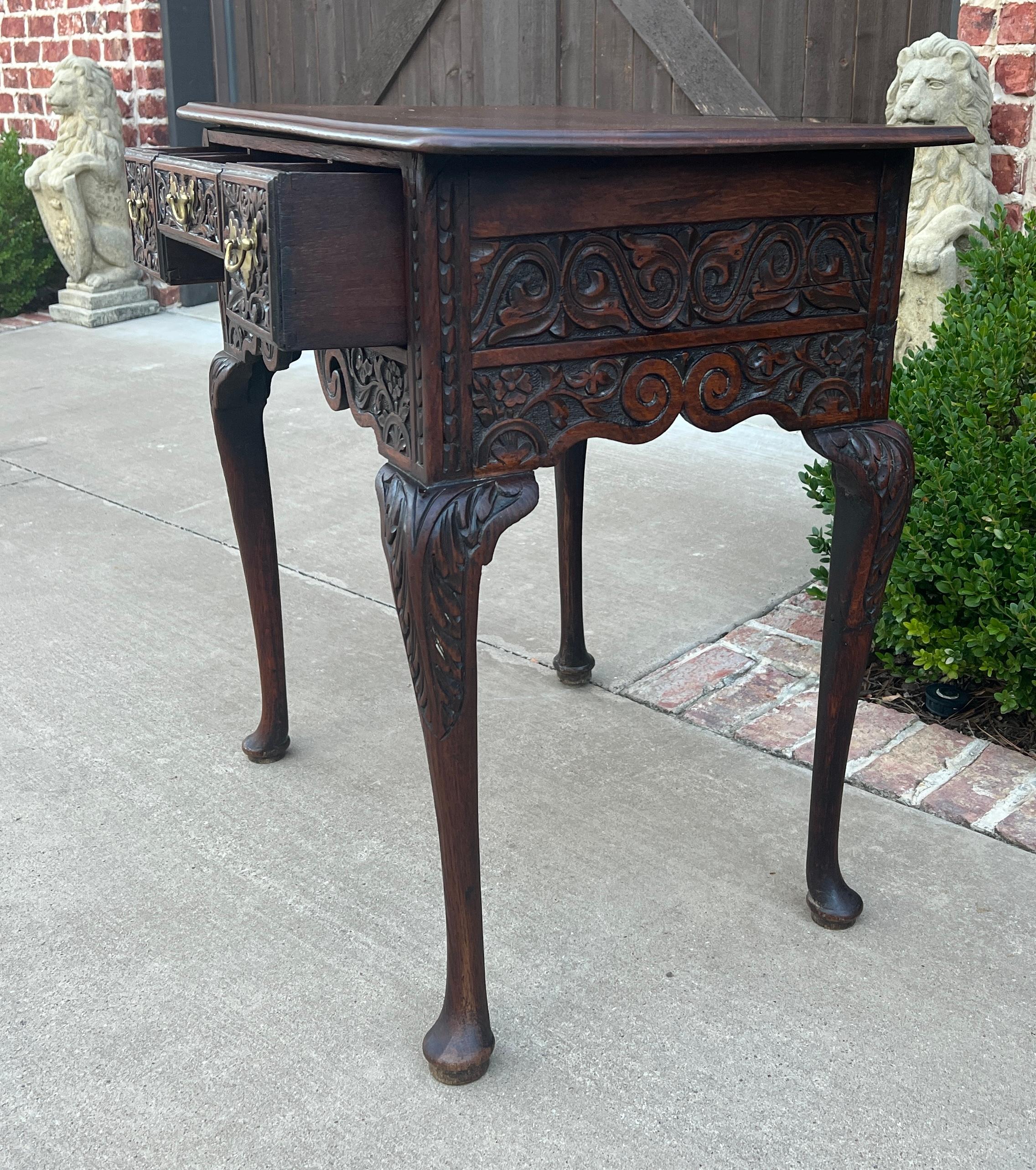 Antique English Georgian Table Desk Nightstand PETITE Lowboy Highly Carved Oak For Sale 7