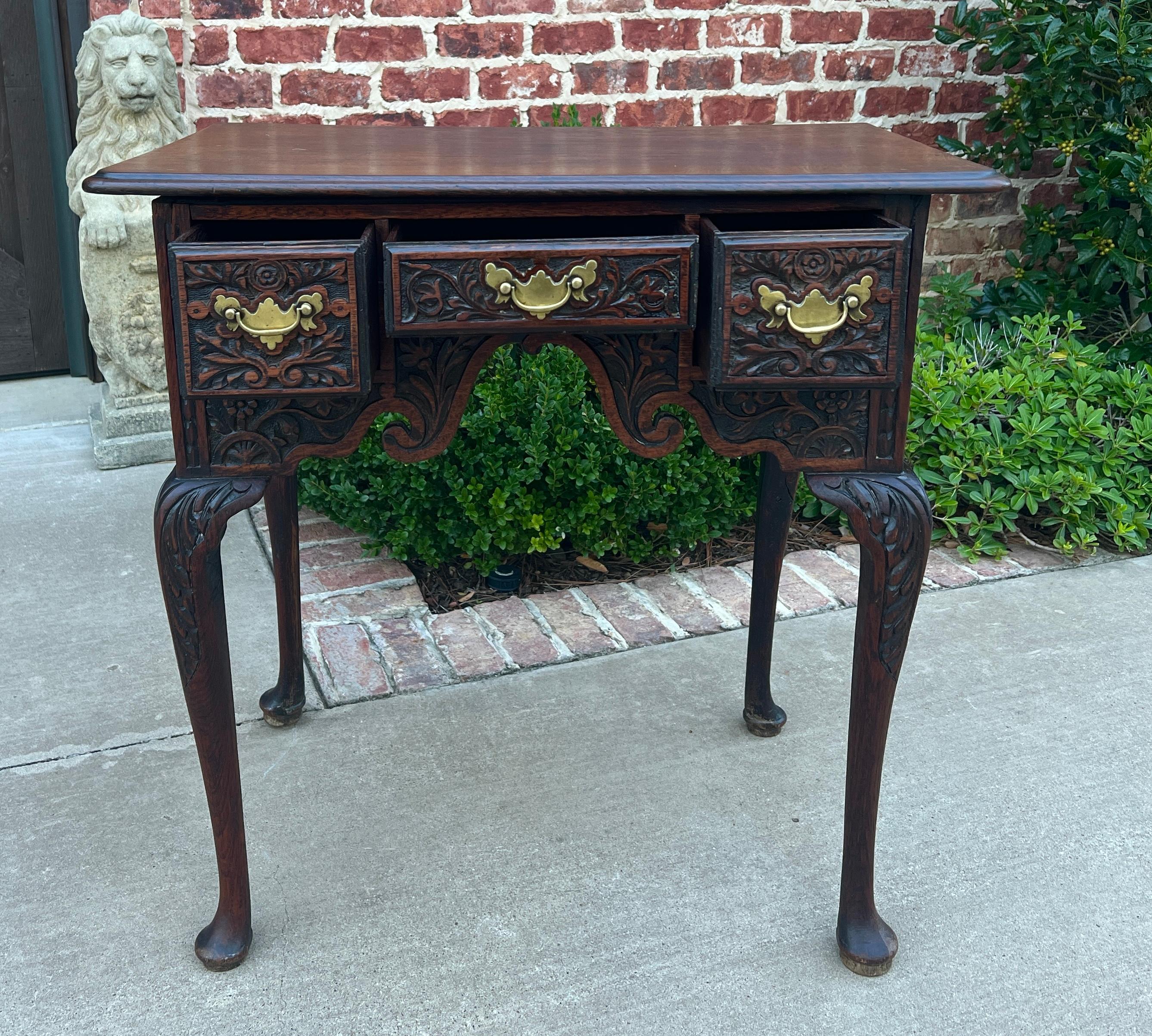 Antique English Georgian Table Desk Nightstand PETITE Lowboy Highly Carved Oak For Sale 8