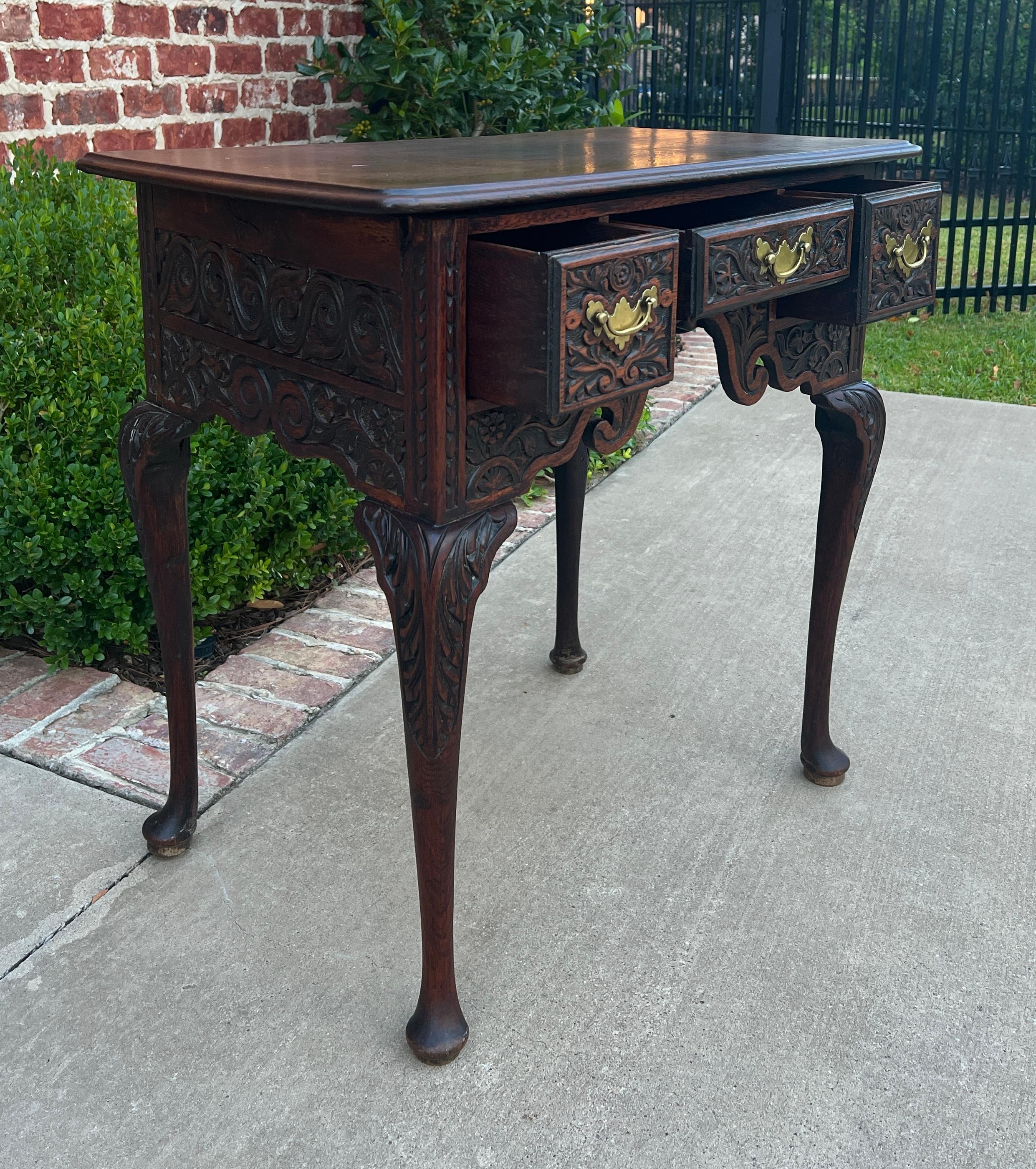Antique English Georgian Table Desk Nightstand PETITE Lowboy Highly Carved Oak For Sale 9