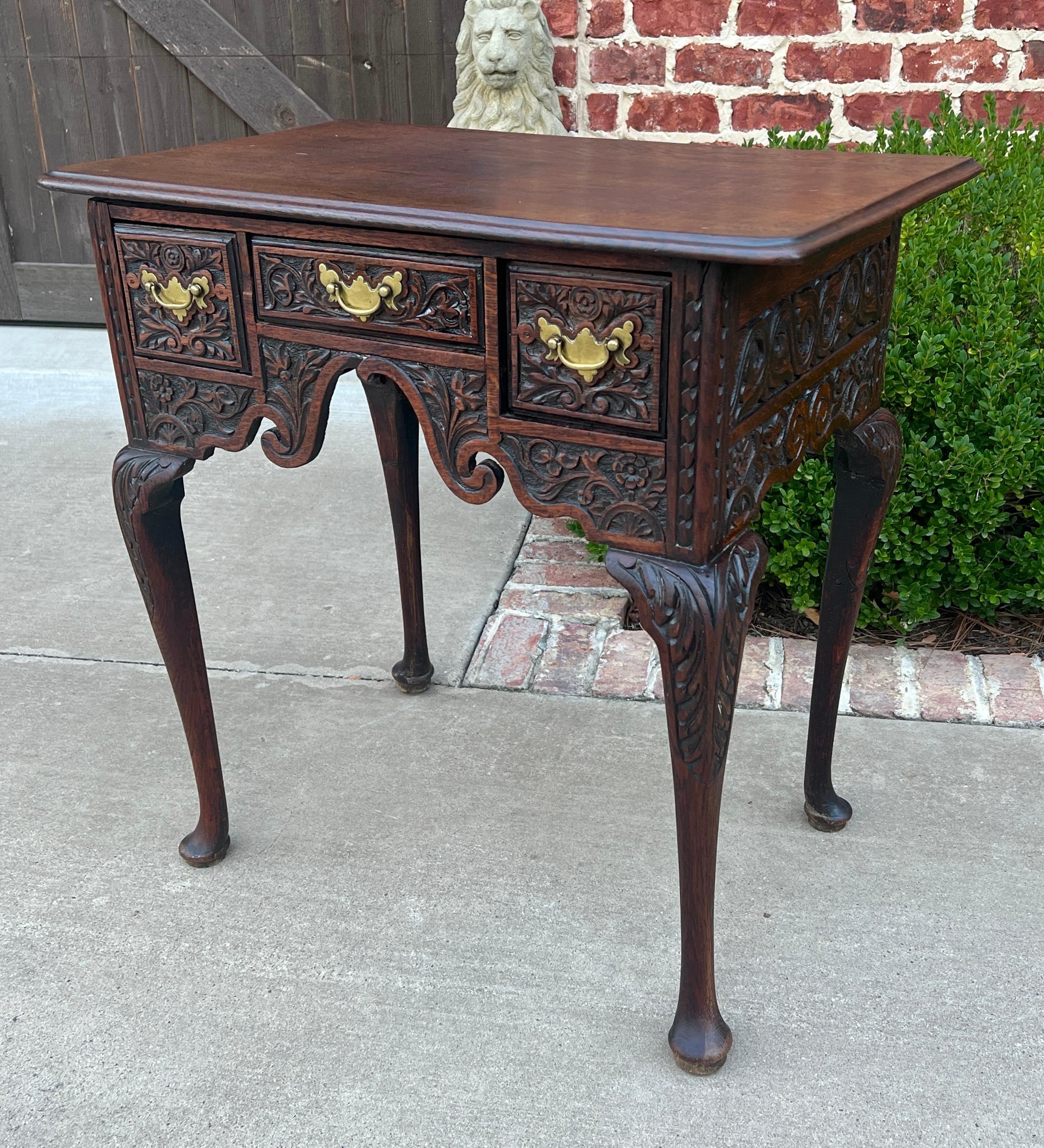19th Century Antique English Georgian Table Desk Nightstand PETITE Lowboy Highly Carved Oak For Sale