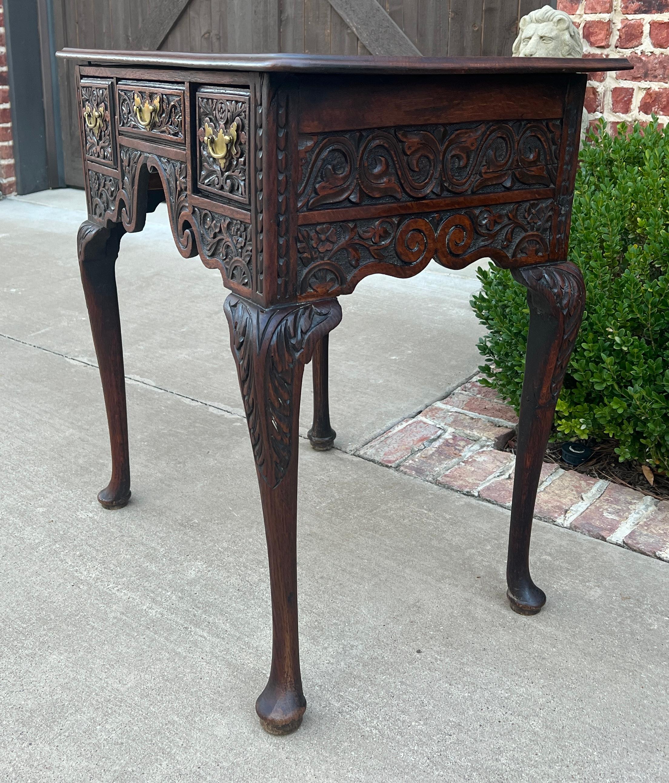 Antique English Georgian Table Desk Nightstand PETITE Lowboy Highly Carved Oak For Sale 1