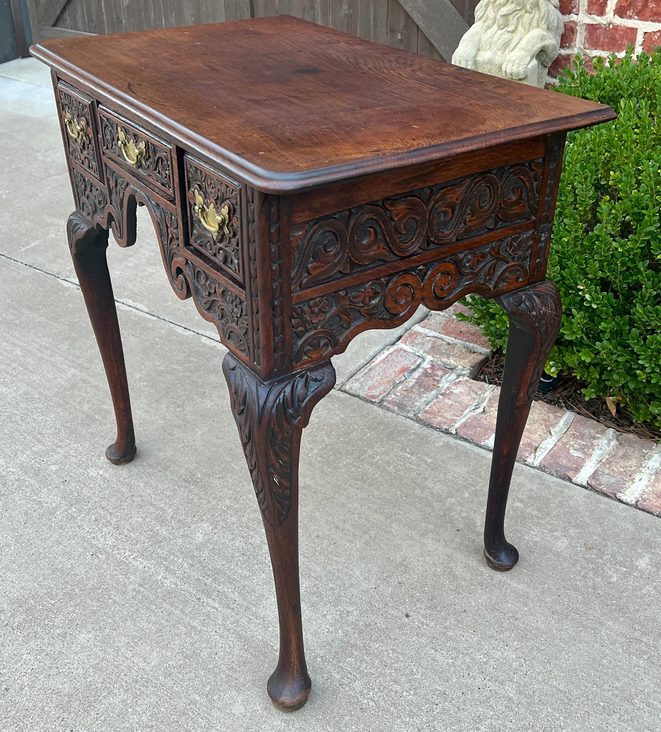 Antique English Georgian Table Desk Nightstand PETITE Lowboy Highly Carved Oak For Sale 2