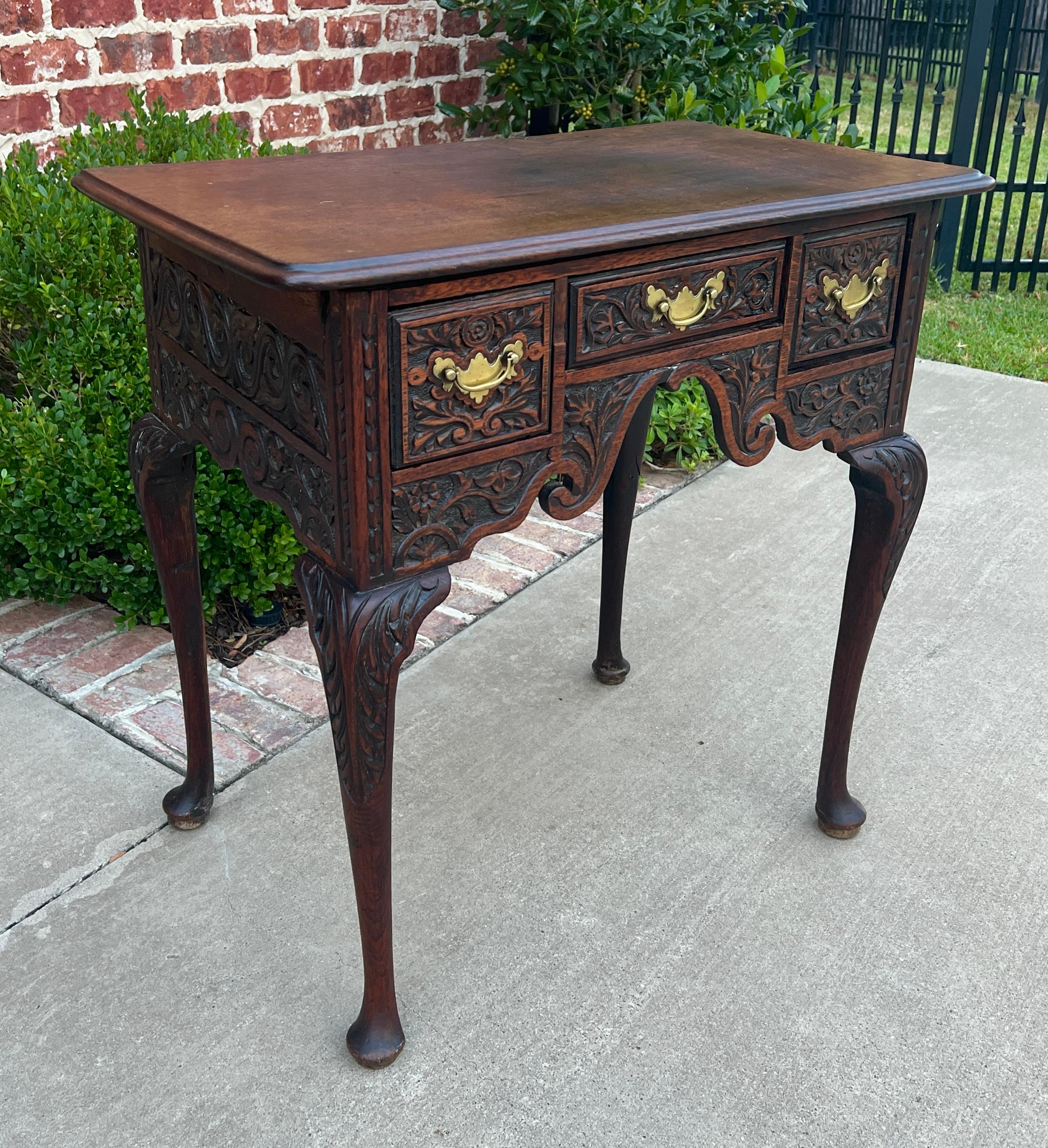 Antique English Georgian Table Desk Nightstand PETITE Lowboy Highly Carved Oak For Sale 4