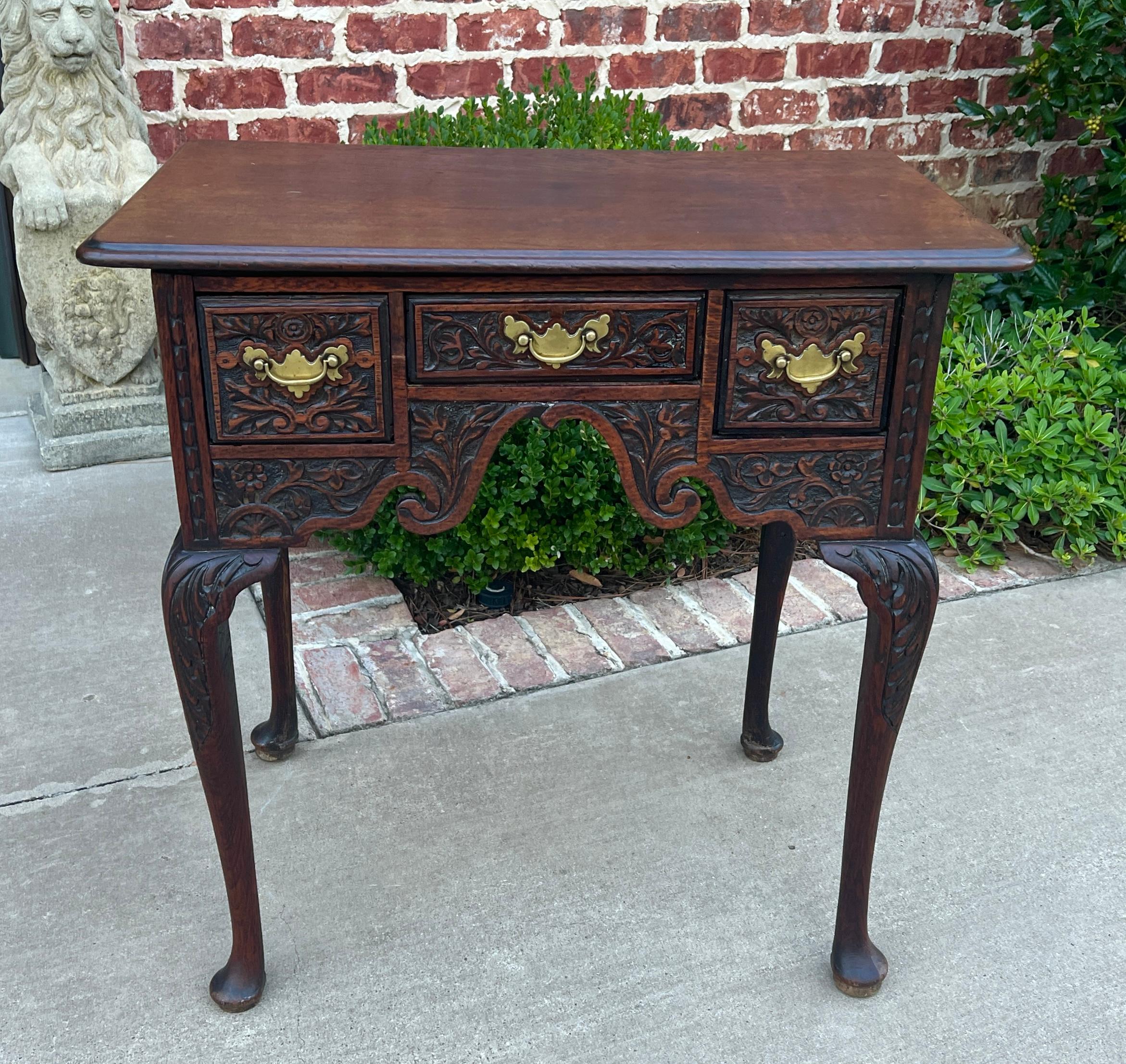 Antique English Georgian Table Desk Nightstand PETITE Lowboy Highly Carved Oak For Sale 5