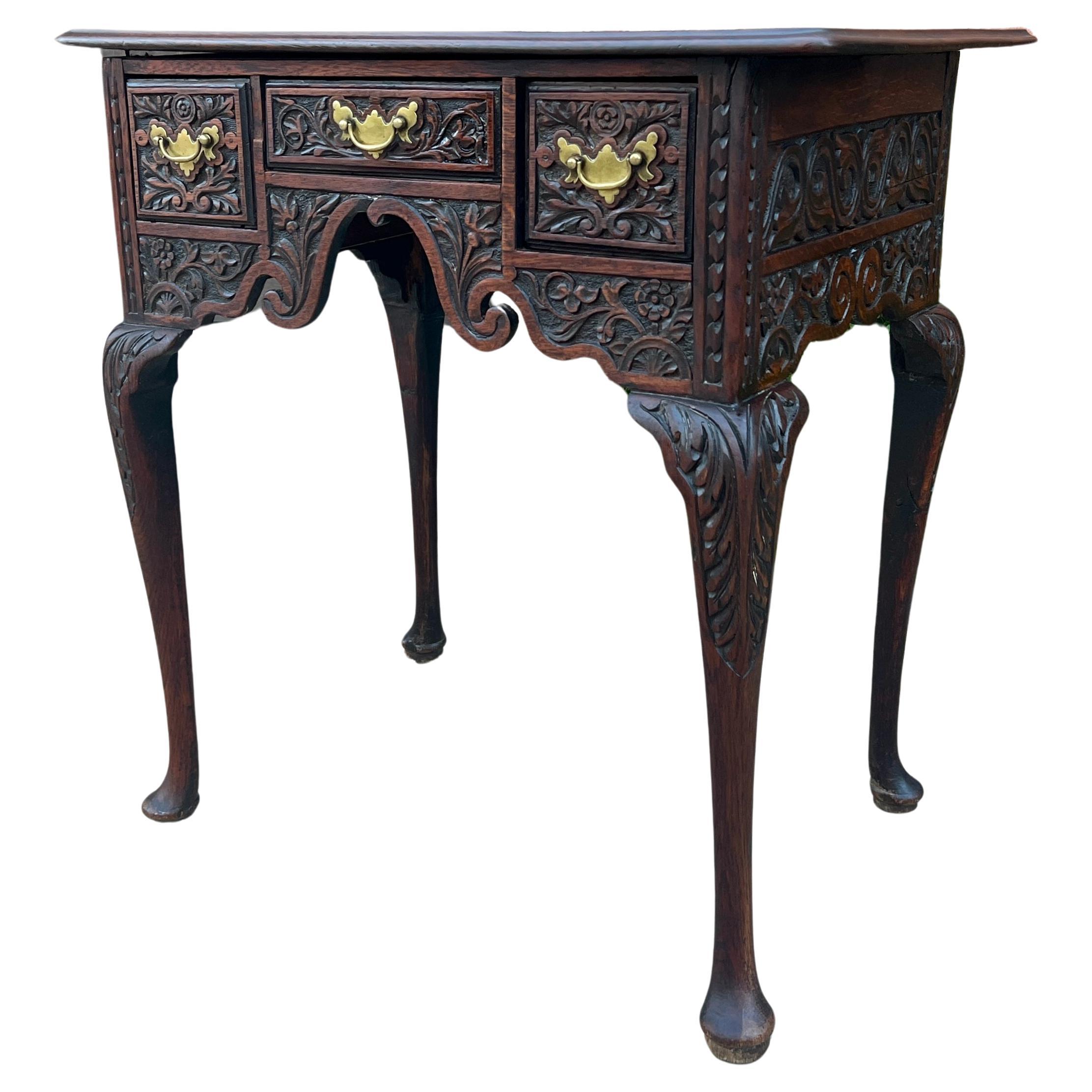 Antique English Georgian Table Desk Nightstand PETITE Lowboy Highly Carved Oak For Sale