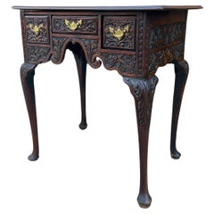 Antique English Georgian Table Desk Nightstand PETITE Lowboy Highly Carved Oak