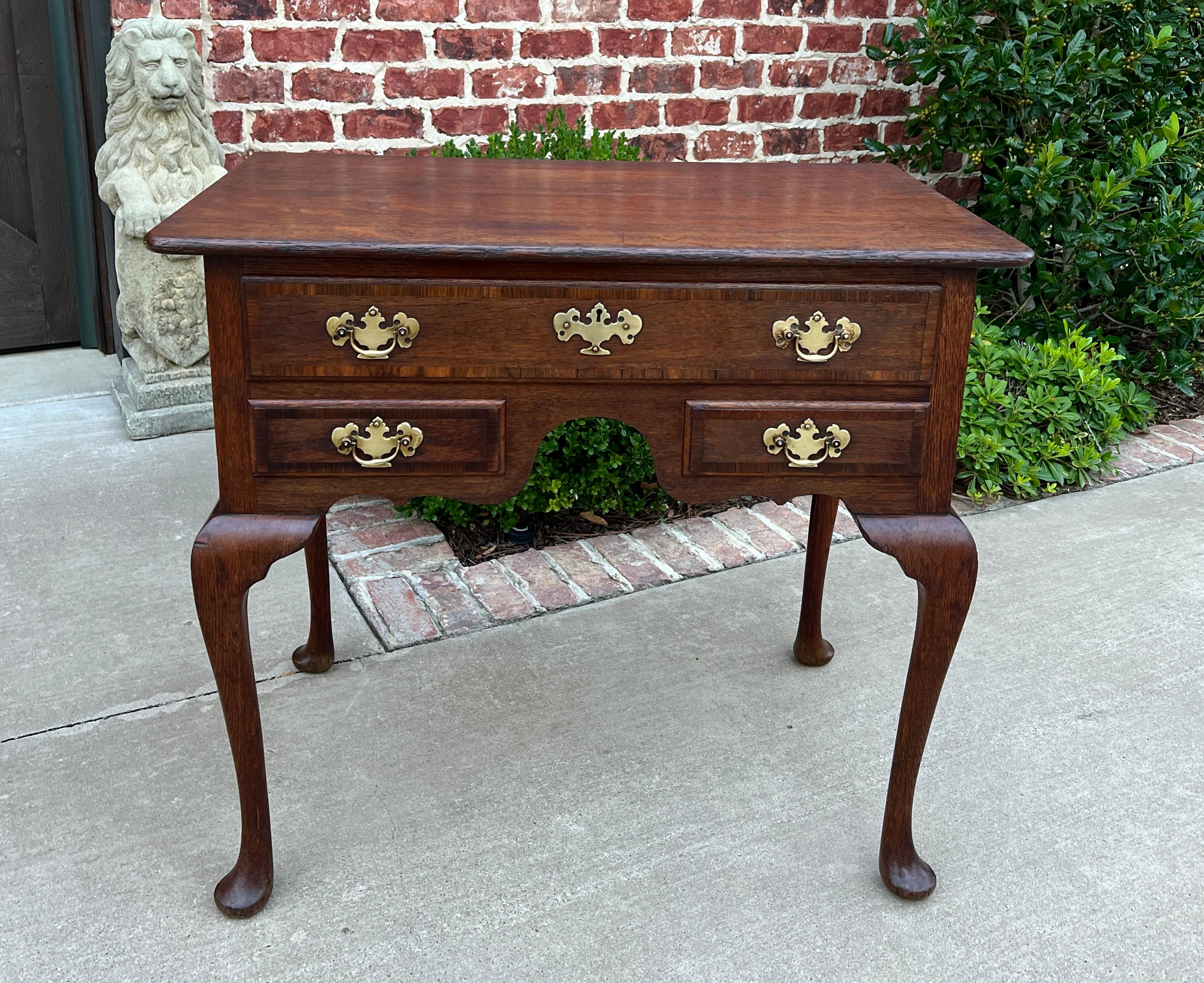 Antique English Georgian Table Small Desk Nightstand Lowboy 3 Drawers Tiger Oak For Sale 4