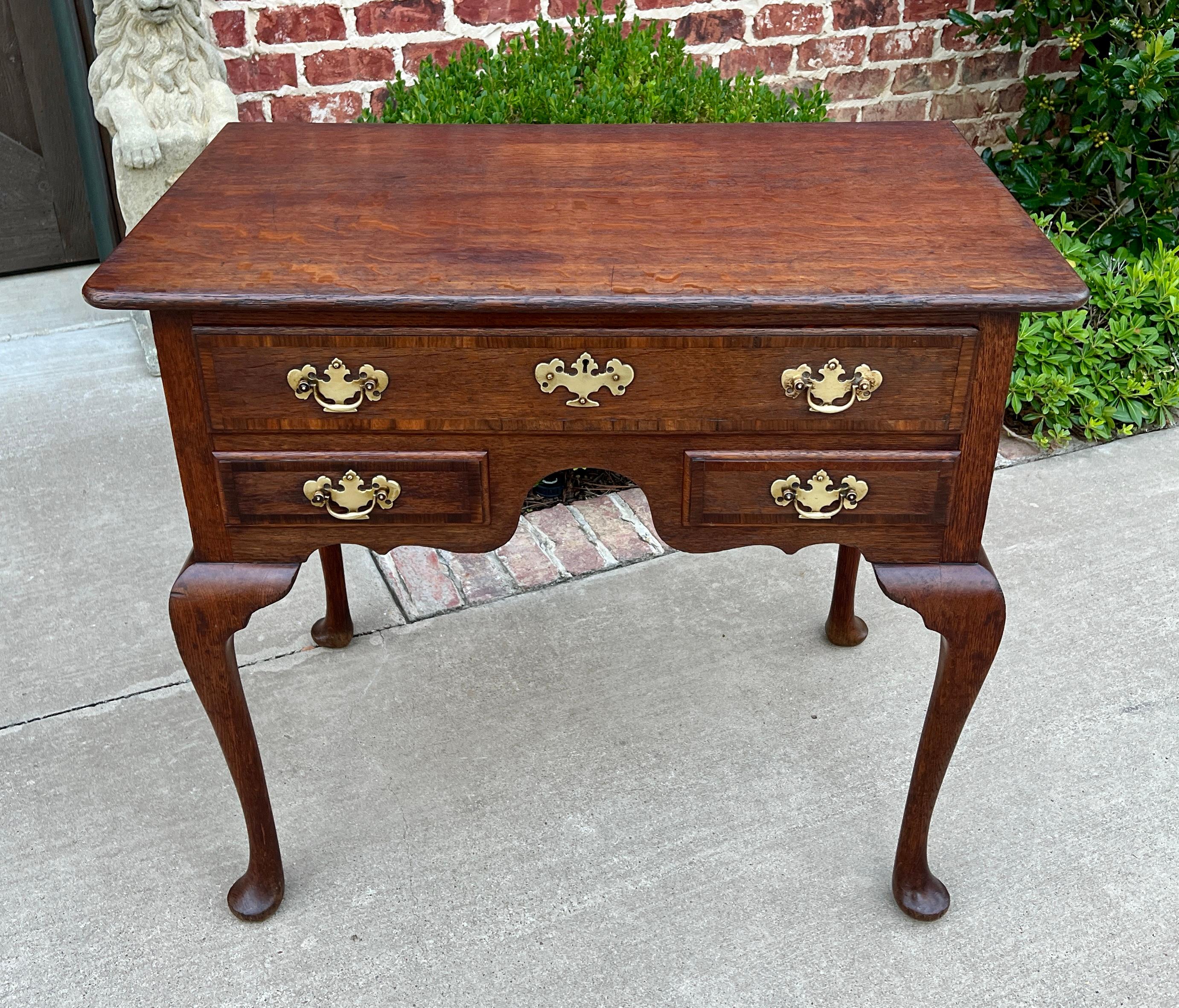 Antique English Georgian Table Small Desk Nightstand Lowboy 3 Drawers Tiger Oak For Sale 6