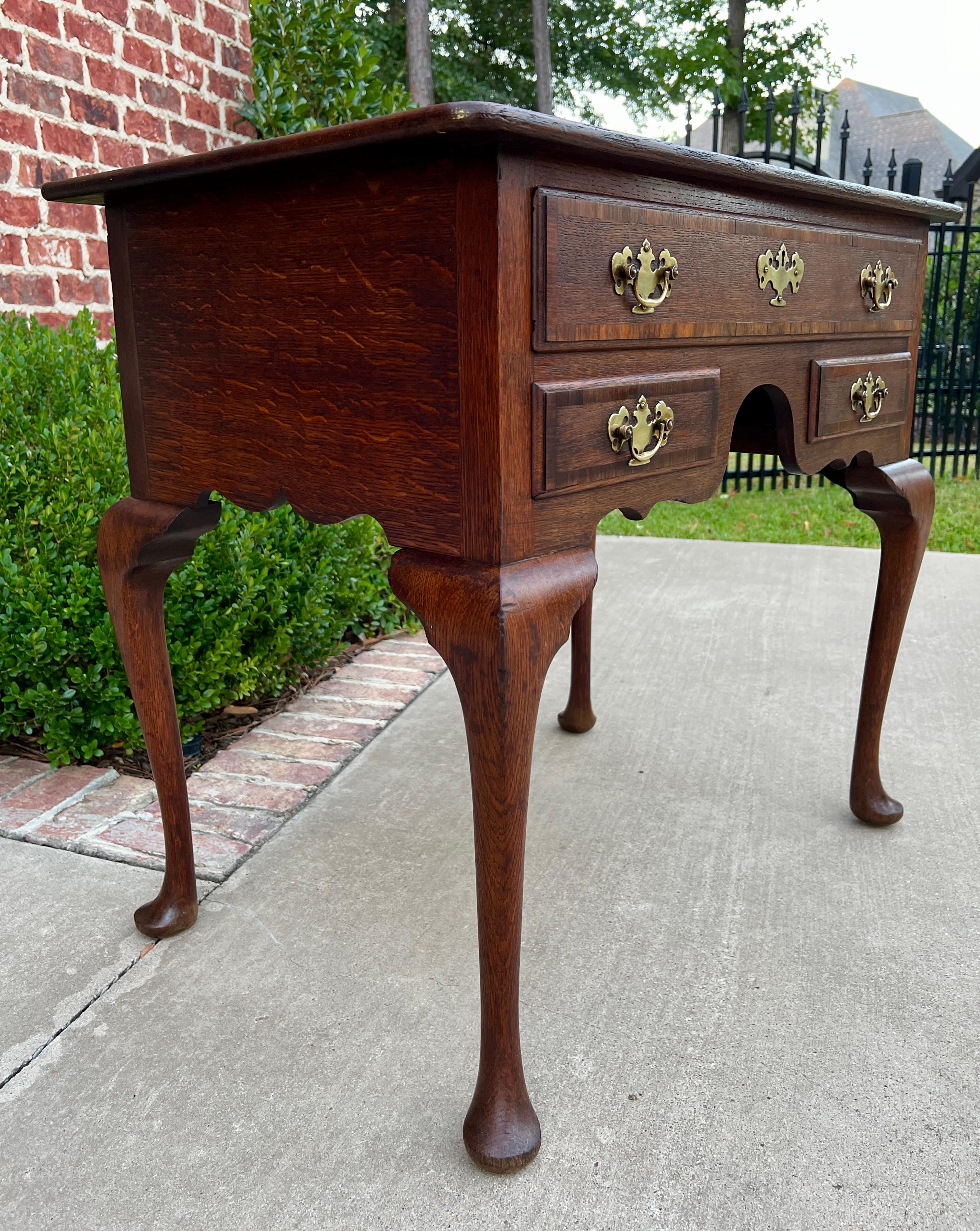Antique English Georgian Table Small Desk Nightstand Lowboy 3 Drawers Tiger Oak For Sale 7