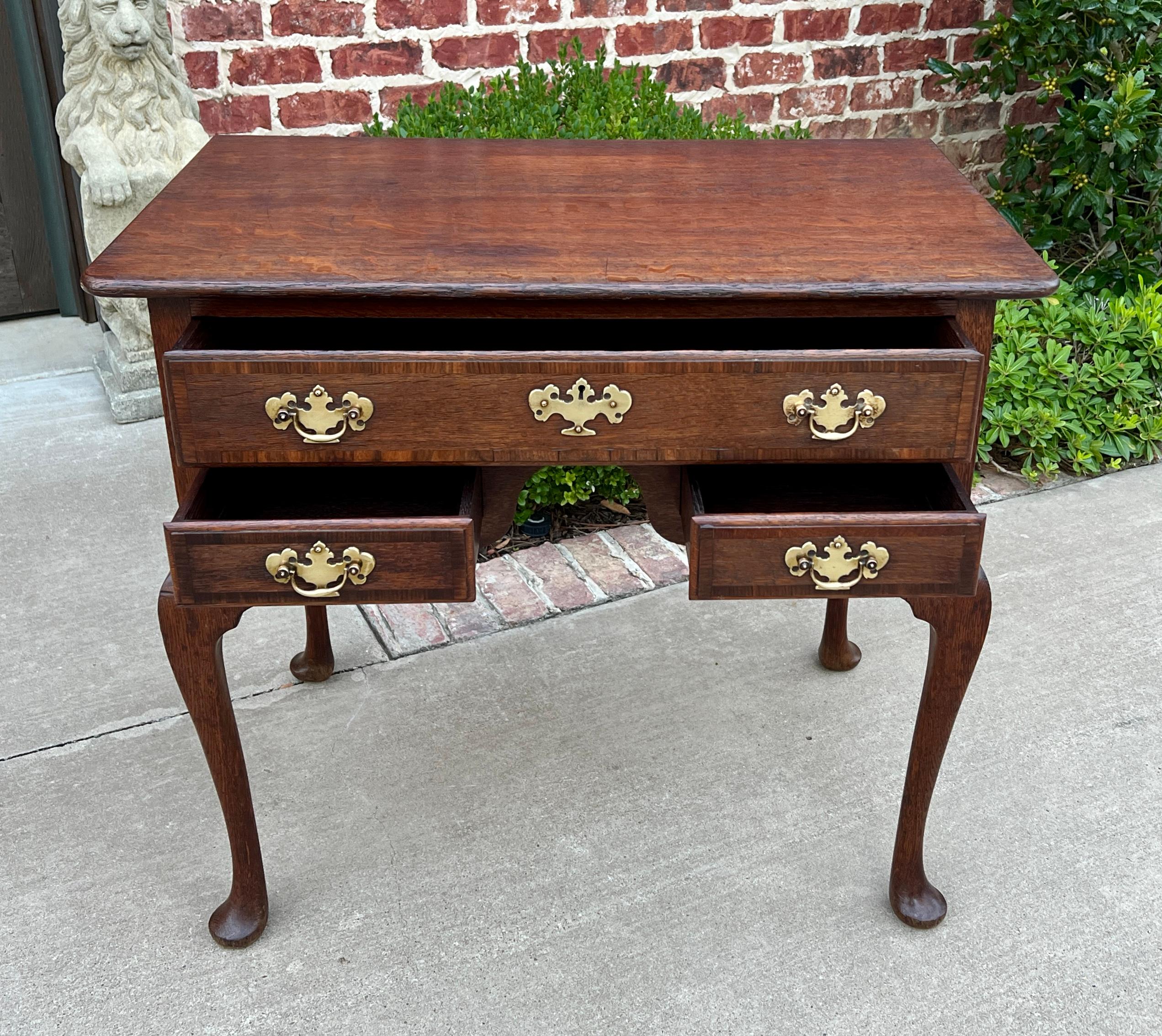 Carved Antique English Georgian Table Small Desk Nightstand Lowboy 3 Drawers Tiger Oak For Sale