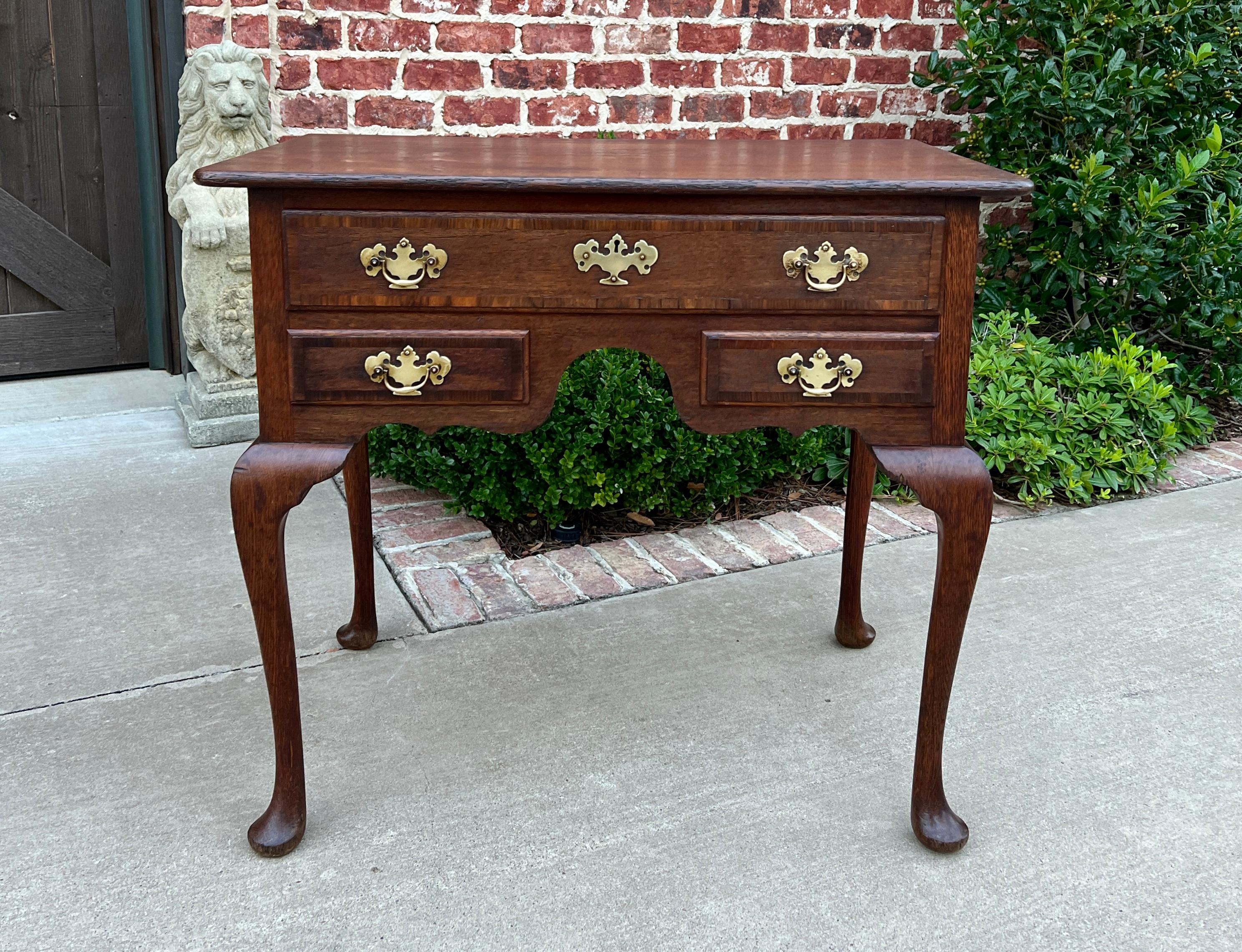 19th Century Antique English Georgian Table Small Desk Nightstand Lowboy 3 Drawers Tiger Oak For Sale
