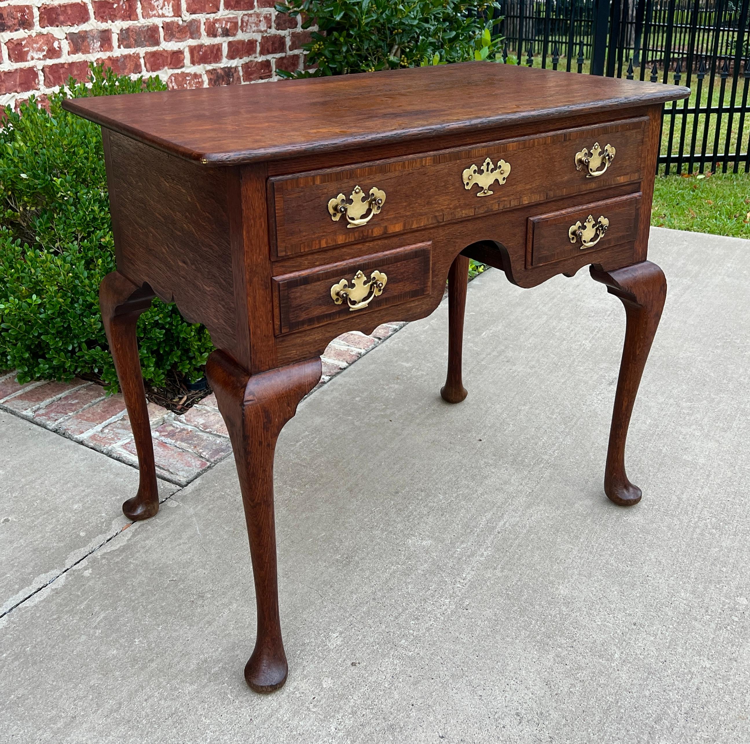 Antique English Georgian Table Small Desk Nightstand Lowboy 3 Drawers Tiger Oak For Sale 1